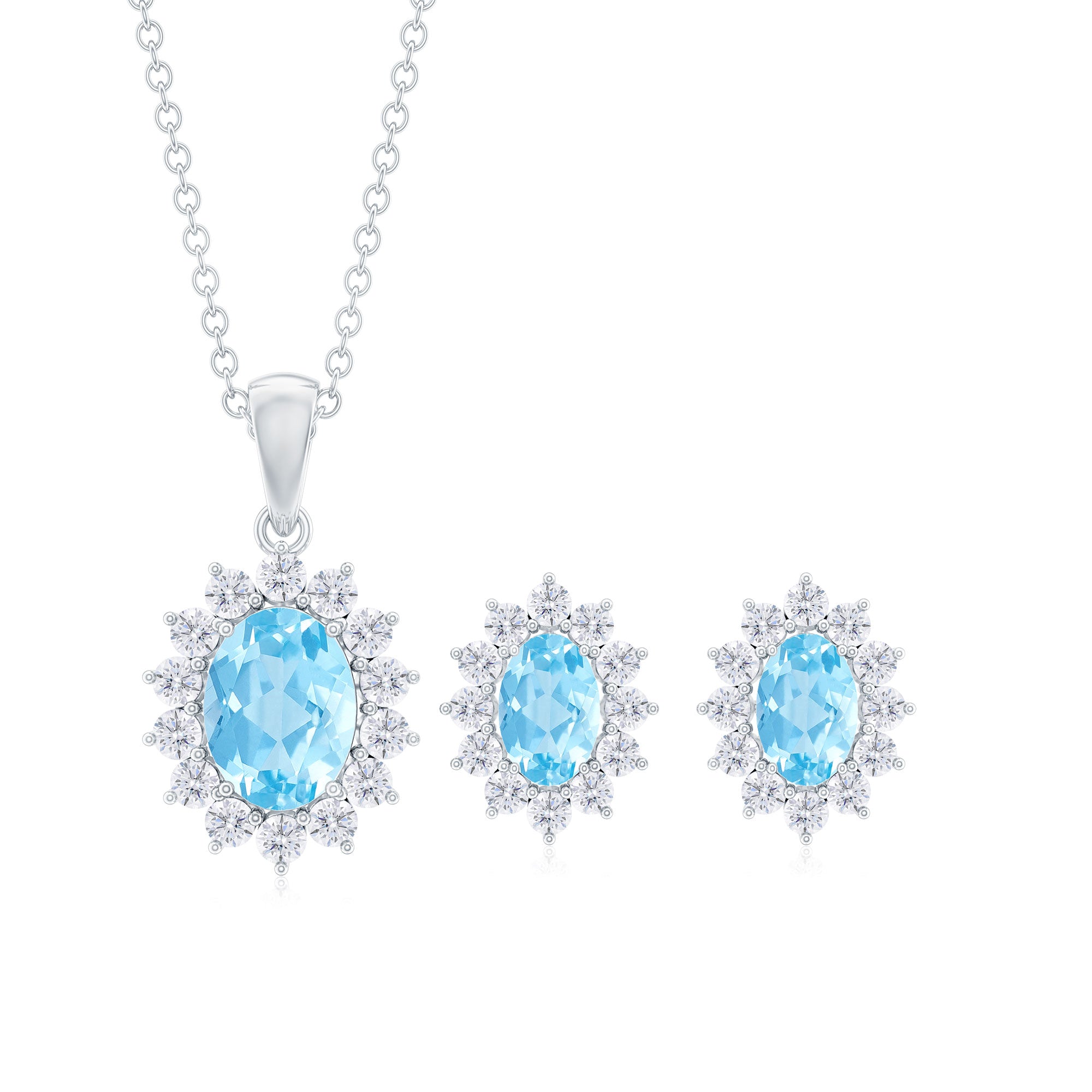 Oval Cut Aquamarine and Moissanite Halo Pendant Earrings Set Aquamarine - ( AAA ) - Quality - Rosec Jewels