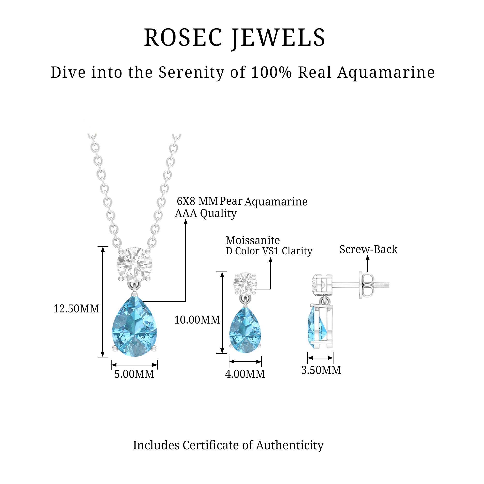 2.25 CT Pear Cut Aquamarine Tear Drop Jewelry Set with Moissanite Aquamarine - ( AAA ) - Quality - Rosec Jewels