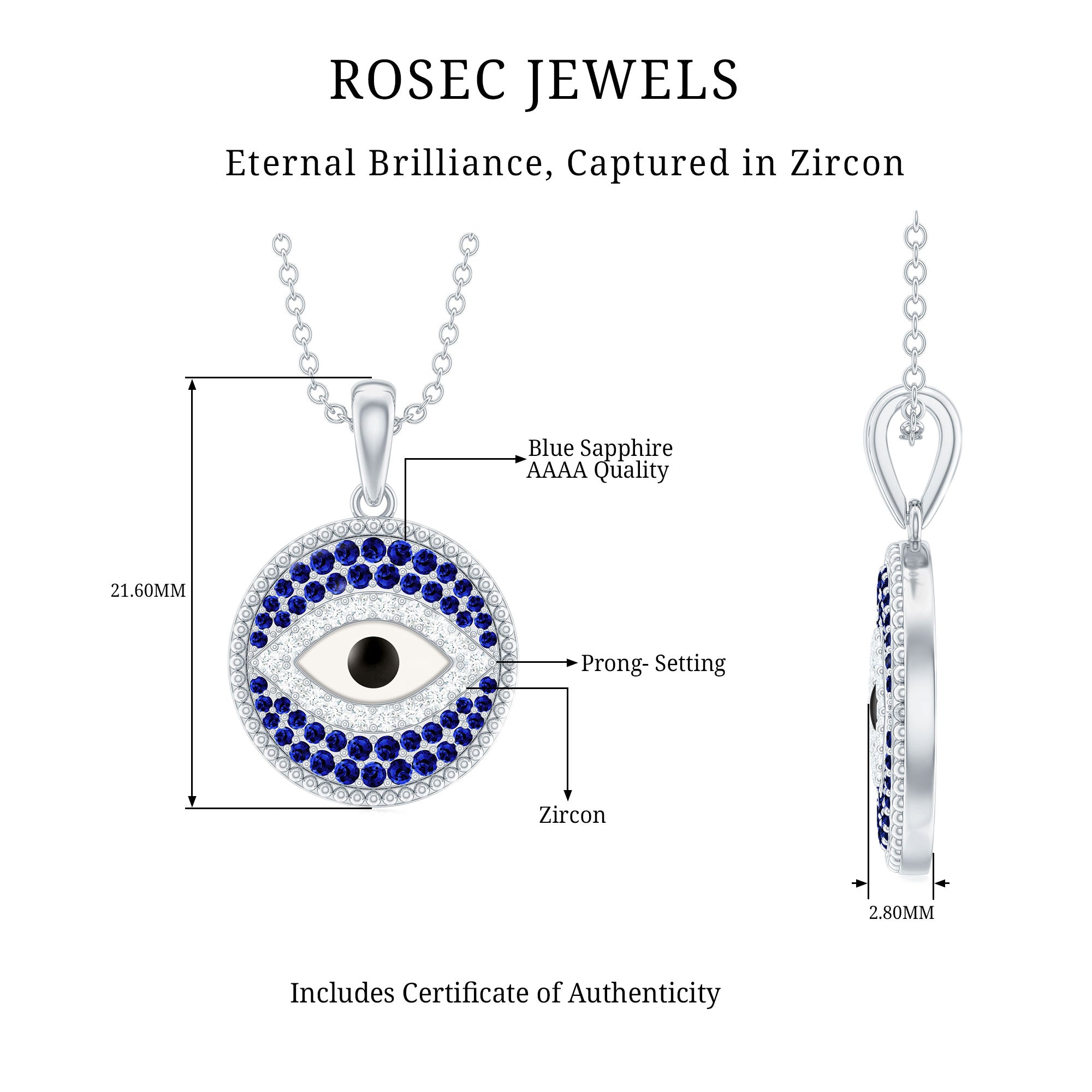 Rosec Jewels-Created Blue Sapphire and Moissanite Evil Eye Pendant Necklace