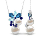 Blue Topaz and Sapphire Cocktail Floral Necklace with Freshwater Pearl Freshwater Pearl - ( AAA ) - Quality - Rosec Jewels