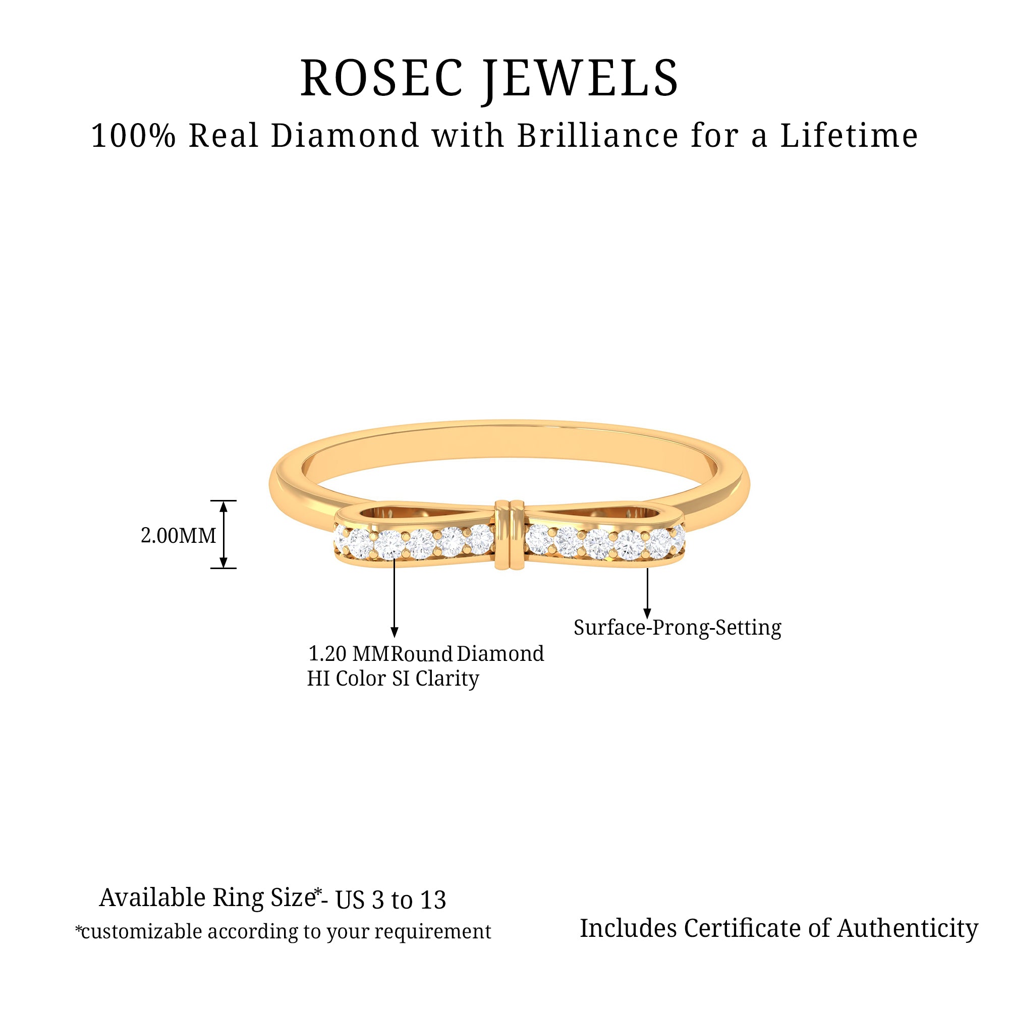 Natural and Certified Diamond Bow Promise Ring in Gold Diamond - ( HI-SI ) - Color and Clarity - Rosec Jewels