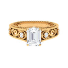 Emerald Cut Moissanite Solitaire Band Ring with Ivy Scroll Shank Moissanite - ( D-VS1 ) - Color and Clarity - Rosec Jewels