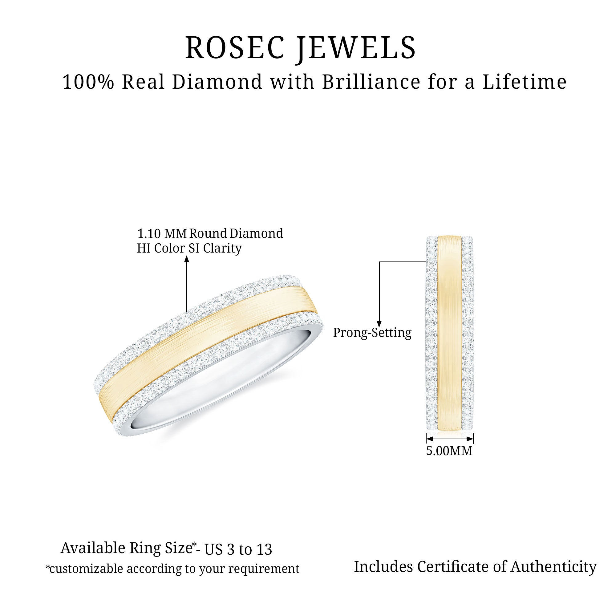 1 CT Diamond Brushed Finish Gold Band Ring Diamond - ( HI-SI ) - Color and Clarity - Rosec Jewels