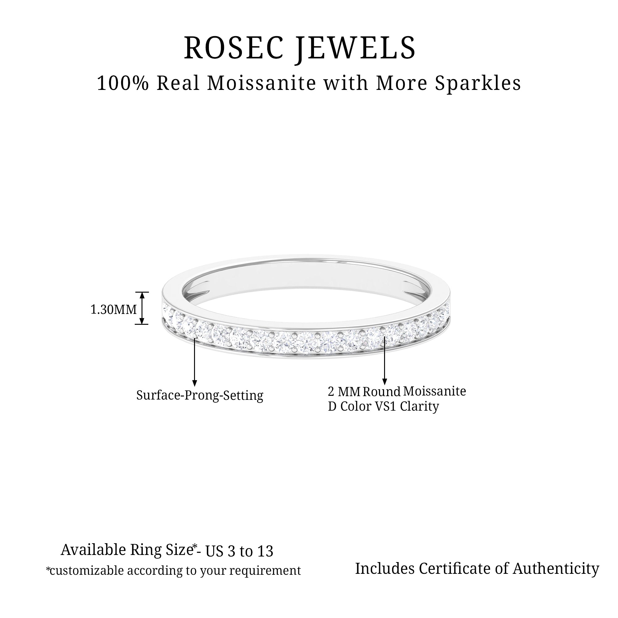 Certified Moissanite Half Eternity Ring Moissanite - ( D-VS1 ) - Color and Clarity - Rosec Jewels