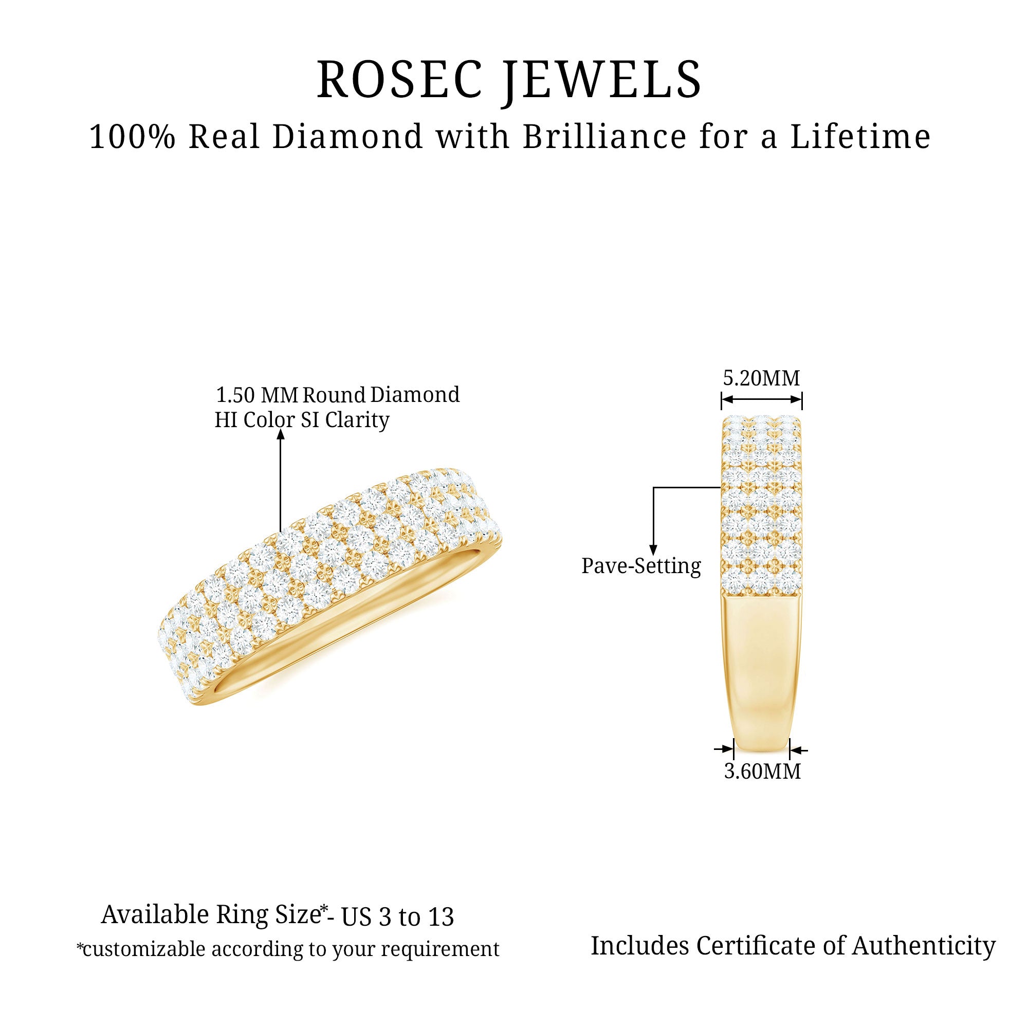 Natural Diamond Wide Half Eternity Band Ring Diamond - ( HI-SI ) - Color and Clarity - Rosec Jewels