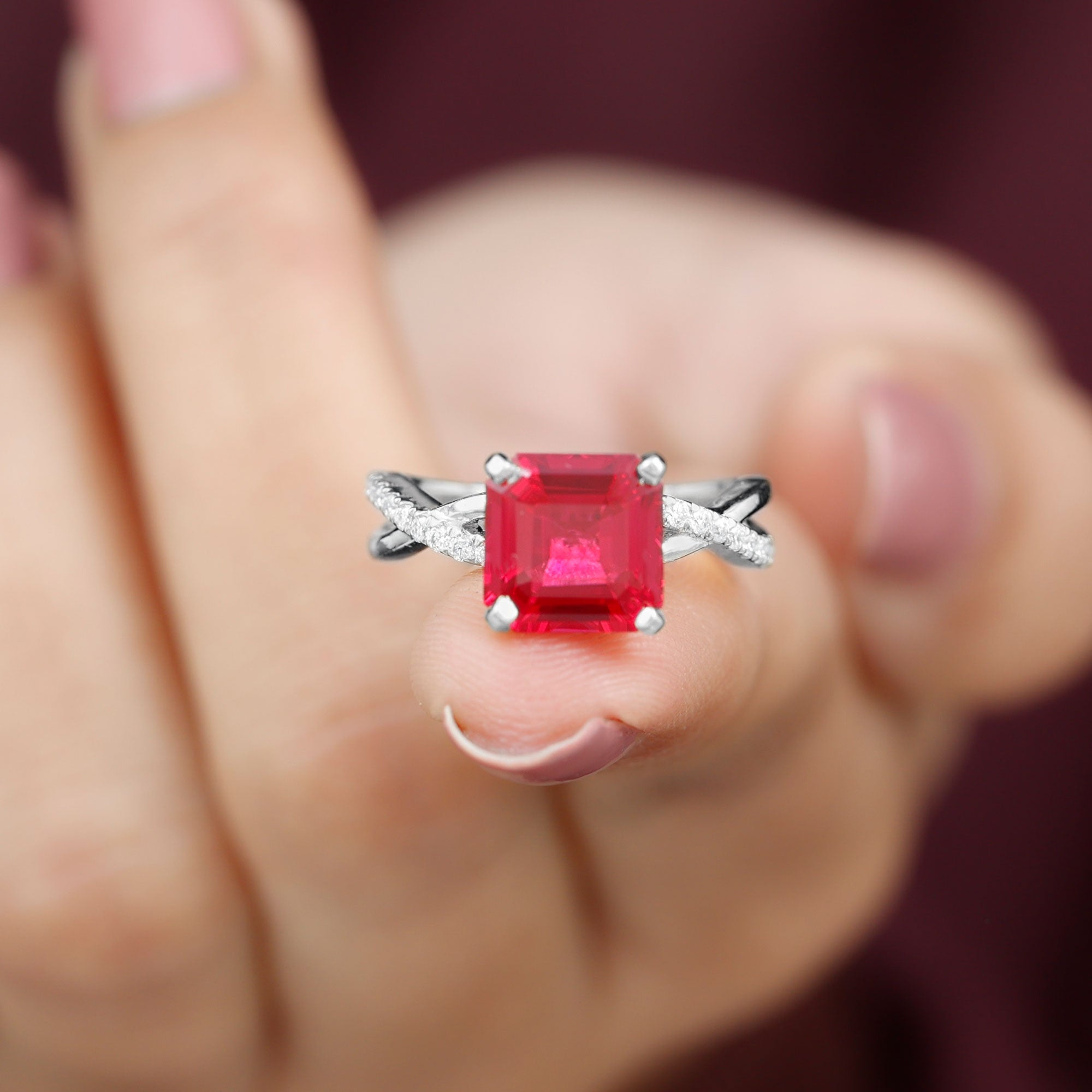 Asscher Cut Lab Grown Ruby Solitaire Ring with Diamond Infinity Shank Lab Created Ruby - ( AAAA ) - Quality - Rosec Jewels