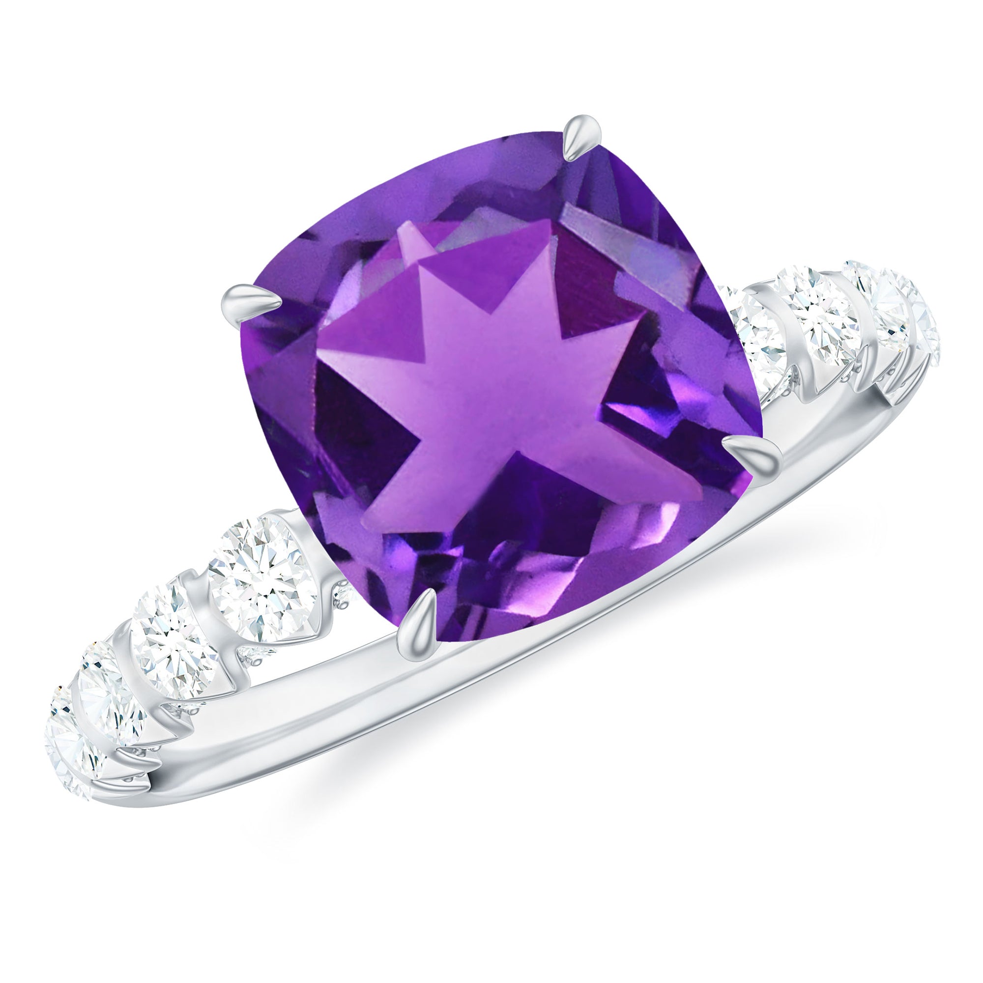 Cushion Cut Amethyst Solitaire Engagement Ring with Diamond Amethyst - ( AAA ) - Quality - Rosec Jewels