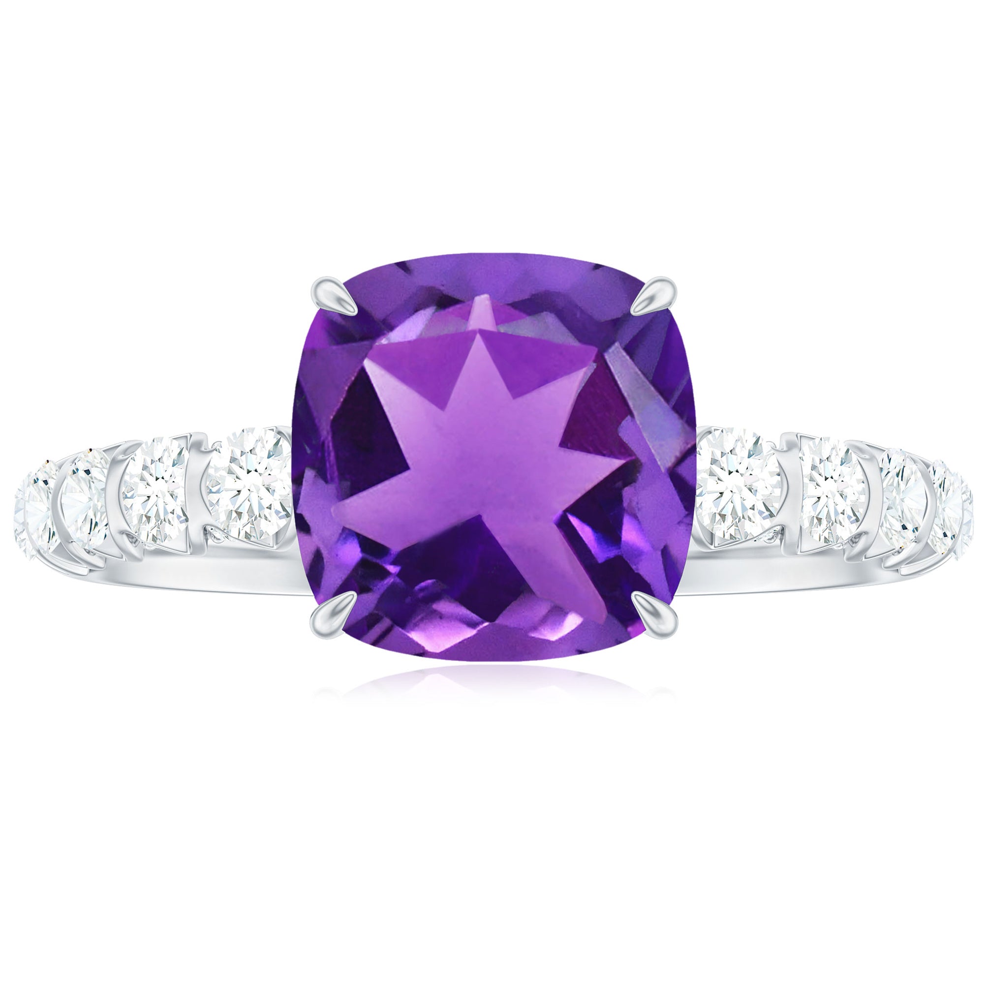 Cushion Cut Amethyst Solitaire Engagement Ring with Diamond Amethyst - ( AAA ) - Quality - Rosec Jewels