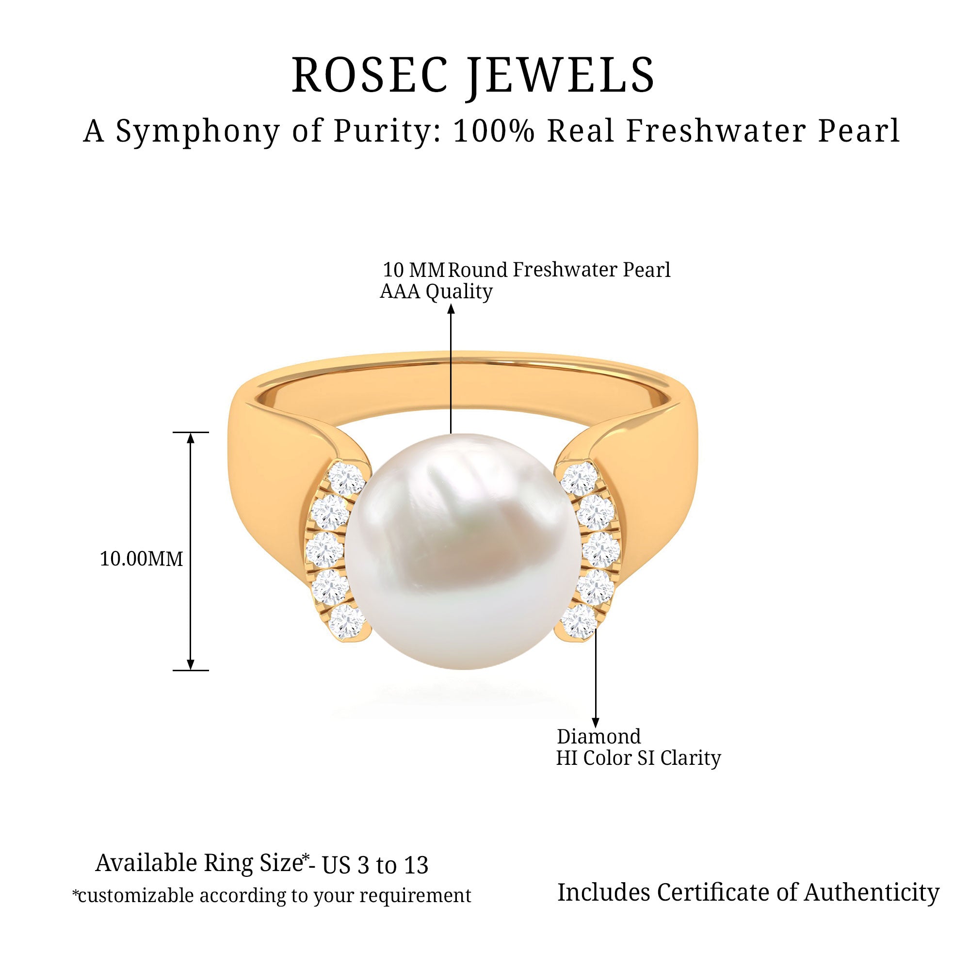 8.25 CT Freshwater Pearl Solitaire with Diamond Collar Ring Freshwater Pearl - ( AAA ) - Quality - Rosec Jewels