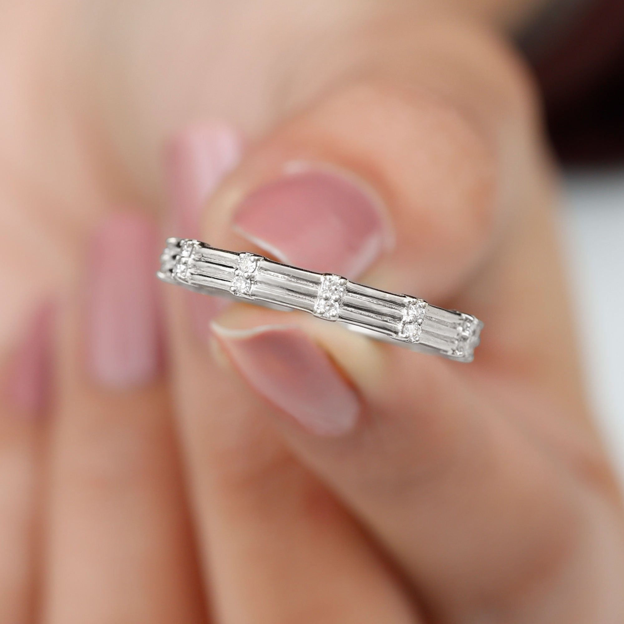 Simple Diamond Stackable Gold Band Ring in Pave Setting Diamond - ( HI-SI ) - Color and Clarity - Rosec Jewels