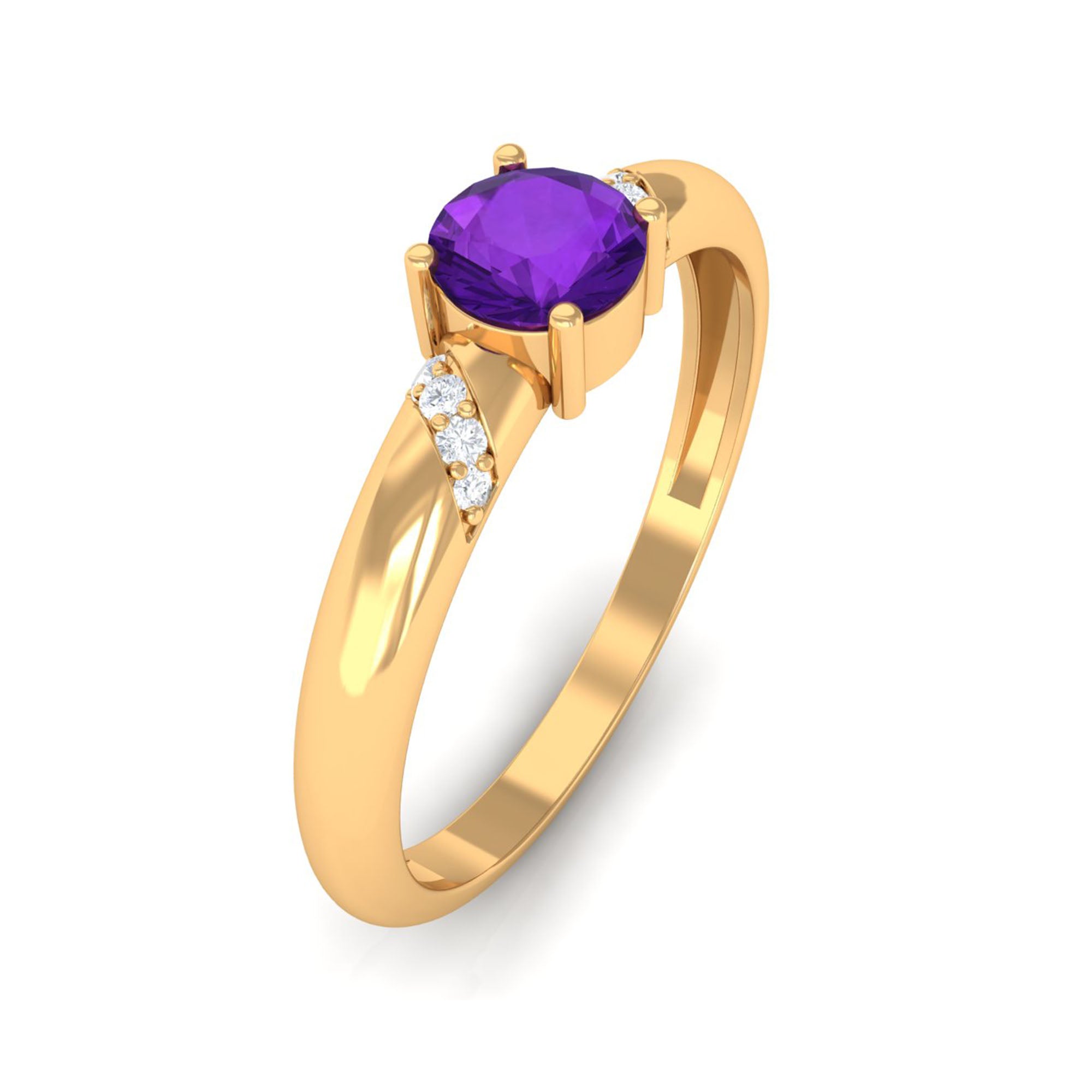 Round Amethyst Solitaire Promise Ring with Diamond Amethyst - ( AAA ) - Quality - Rosec Jewels