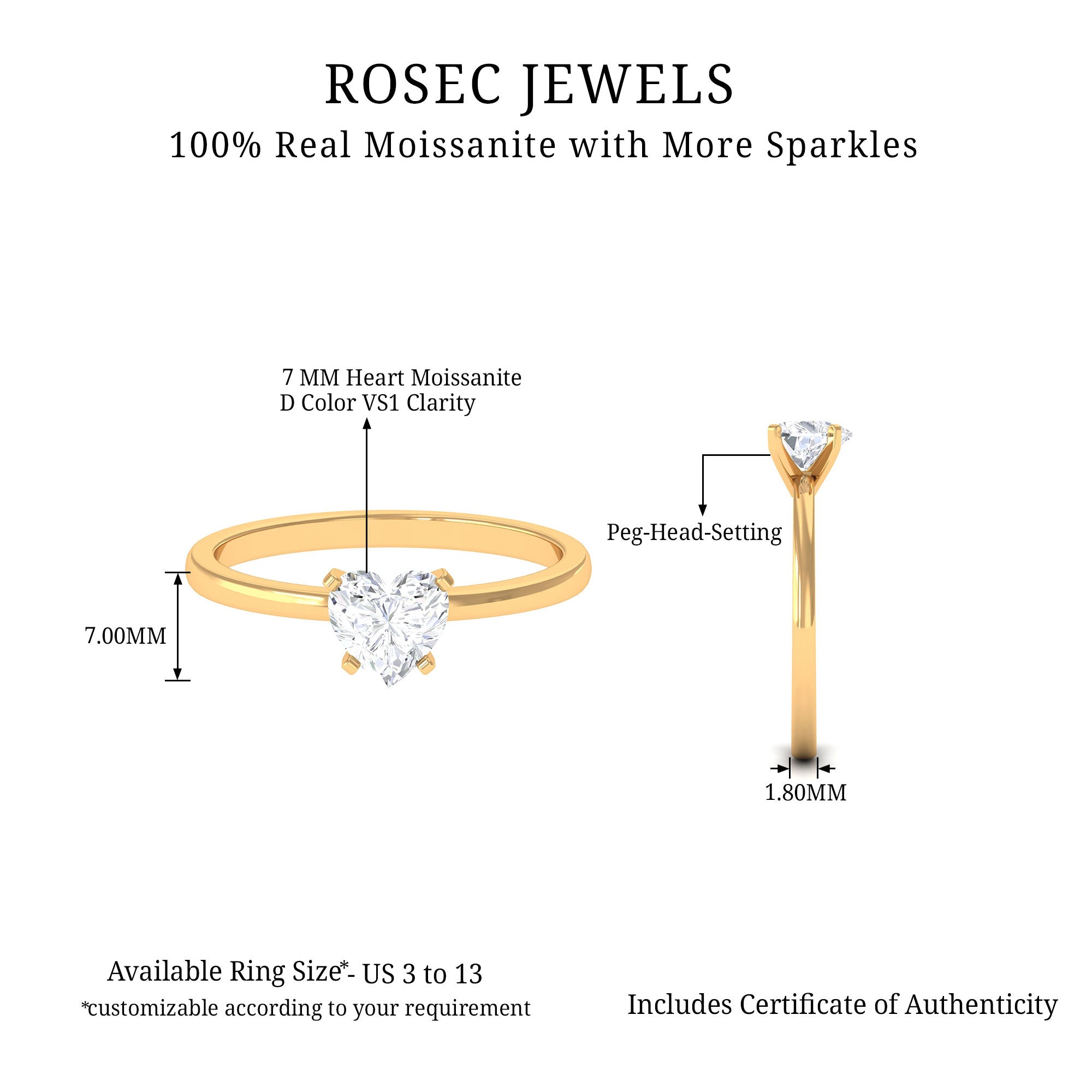 1 CT Heart Shape Certified Moissanite Solitaire Ring Moissanite - ( D-VS1 ) - Color and Clarity - Rosec Jewels