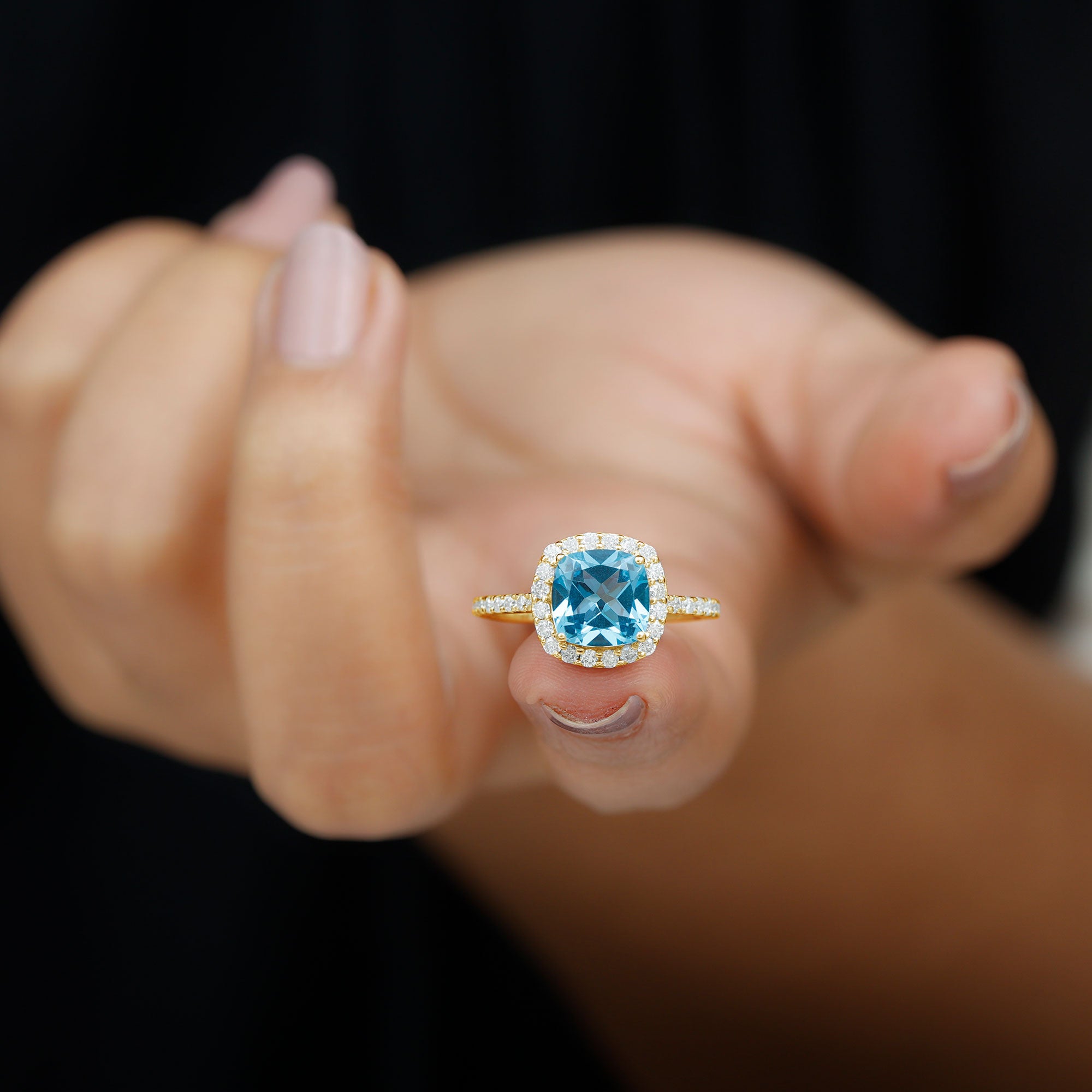 8 MM Cushion Cut Swiss Blue Topaz Solitaire and Diamond Halo Ring Swiss Blue Topaz - ( AAA ) - Quality - Rosec Jewels