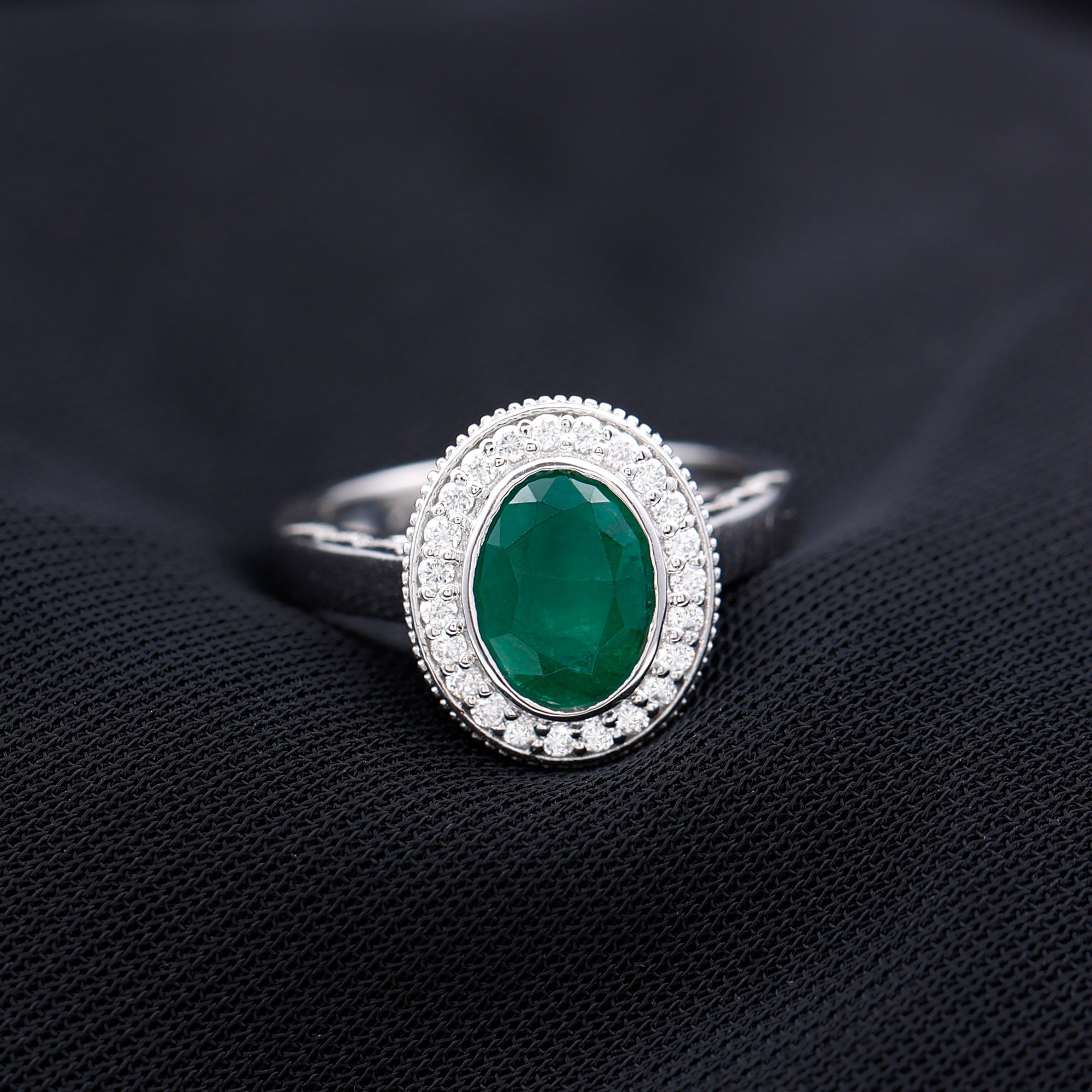 Oval Lab Grown Emerald and Diamond Halo Engagement Ring Lab Created Emerald - ( AAAA ) - Quality - Rosec Jewels