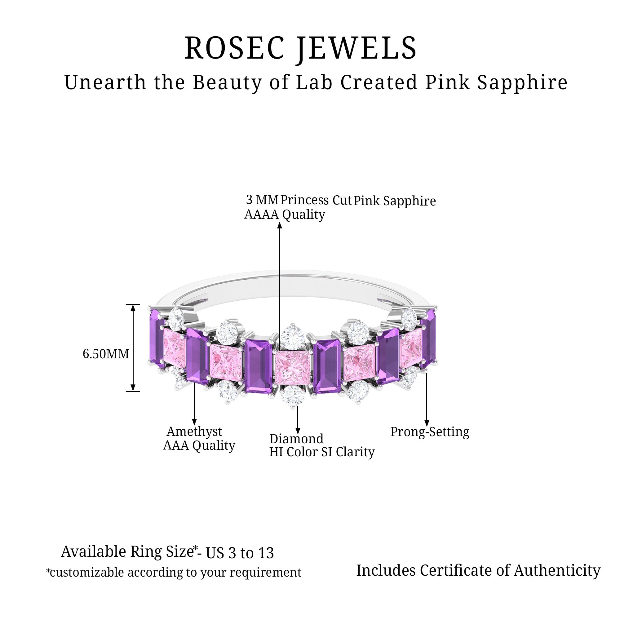 Elegant Amethyst and Created Pink Sapphire Half Eternity Band Ring with Diamond Lab Created Pink Sapphire - ( AAAA ) - Quality - Rosec Jewels