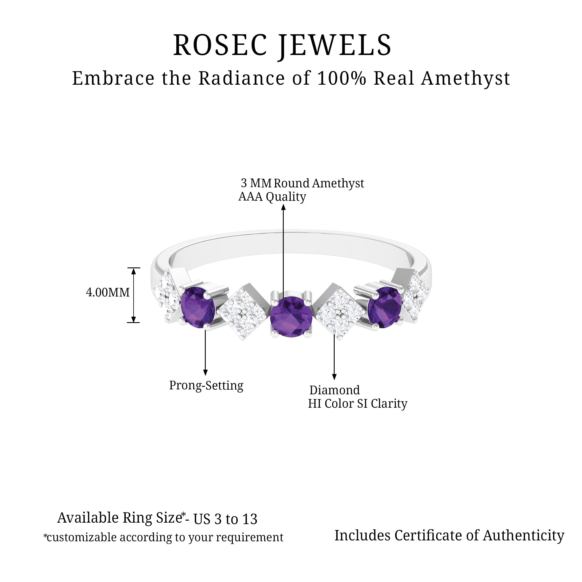 Round Amethyst and Diamond Semi Eternity Band Ring Amethyst - ( AAA ) - Quality - Rosec Jewels