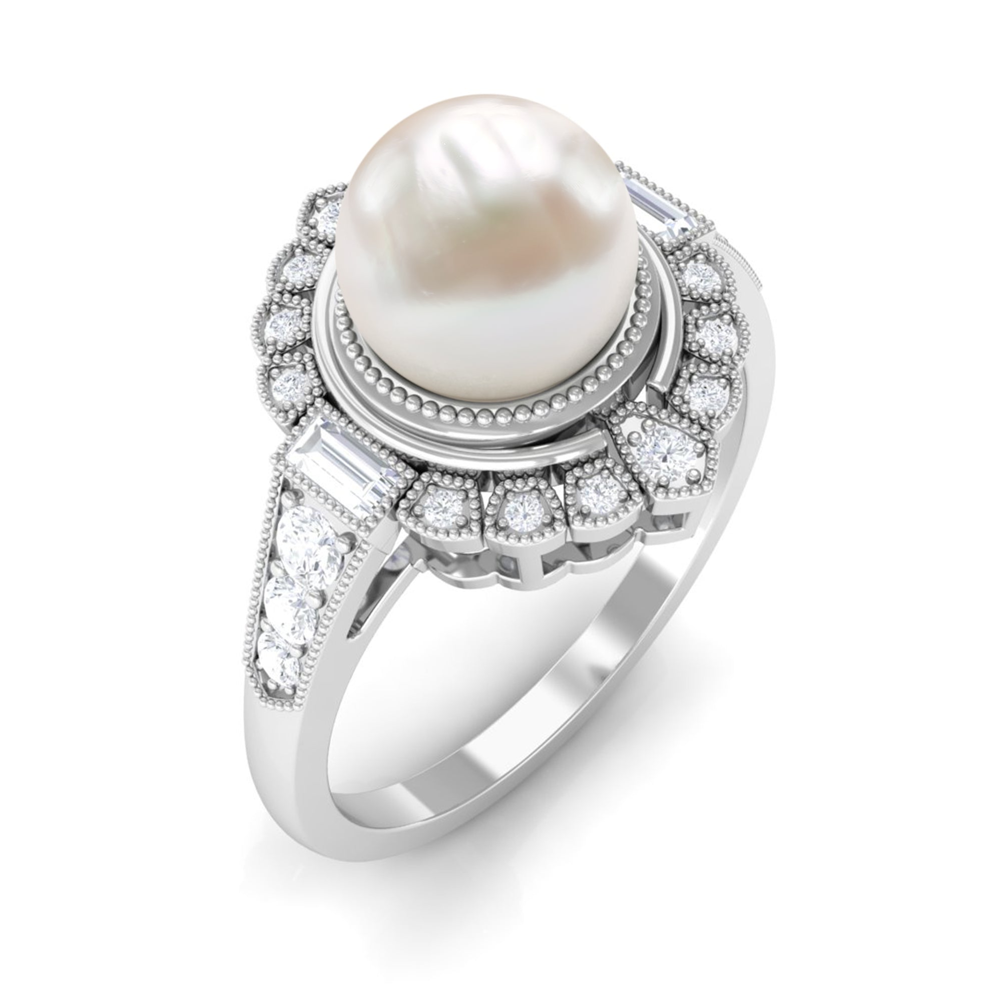 Freshwater Pearl and Diamond Cocktail Halo Ring Freshwater Pearl - ( AAA ) - Quality - Rosec Jewels