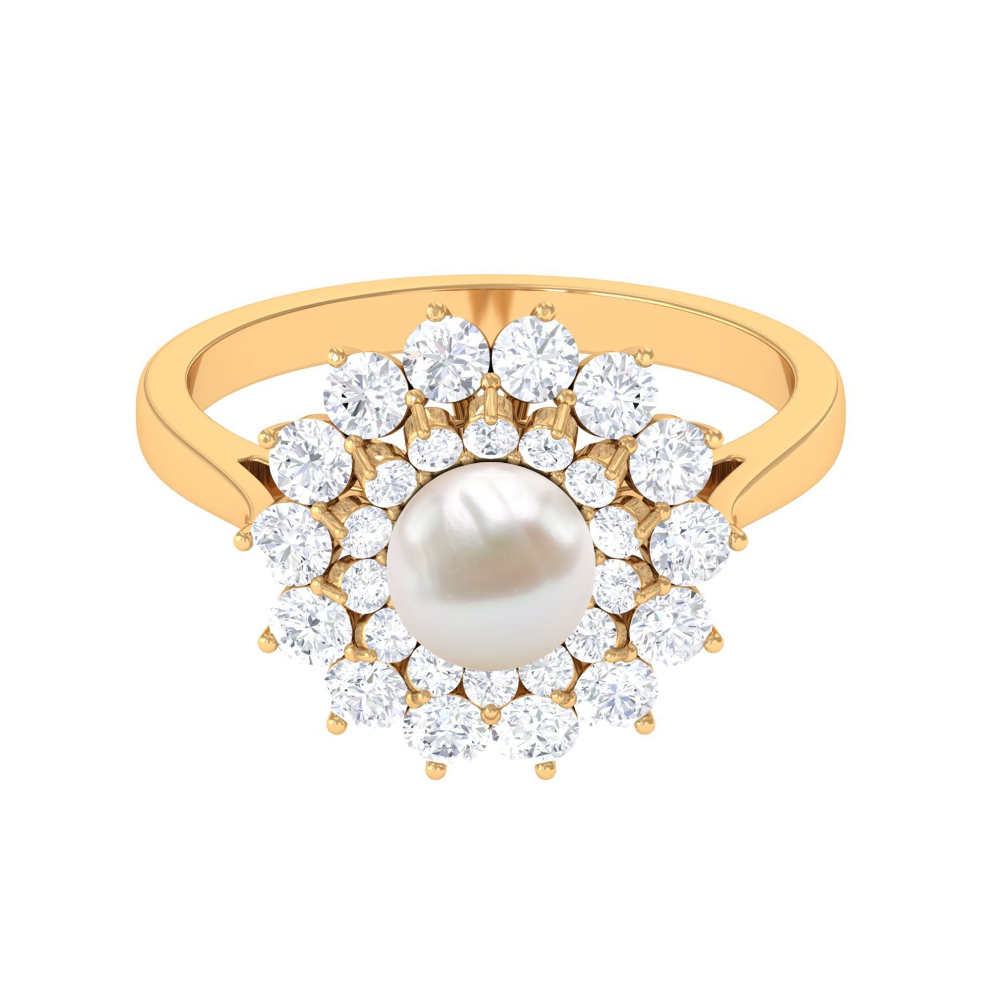 Round Freshwater Pearl Engagement Ring with Moissanite Double Halo Freshwater Pearl - ( AAA ) - Quality - Rosec Jewels