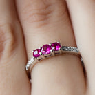 Natural Ruby Three Stone Ring with Diamond Side Stones Ruby - ( AAA ) - Quality - Rosec Jewels