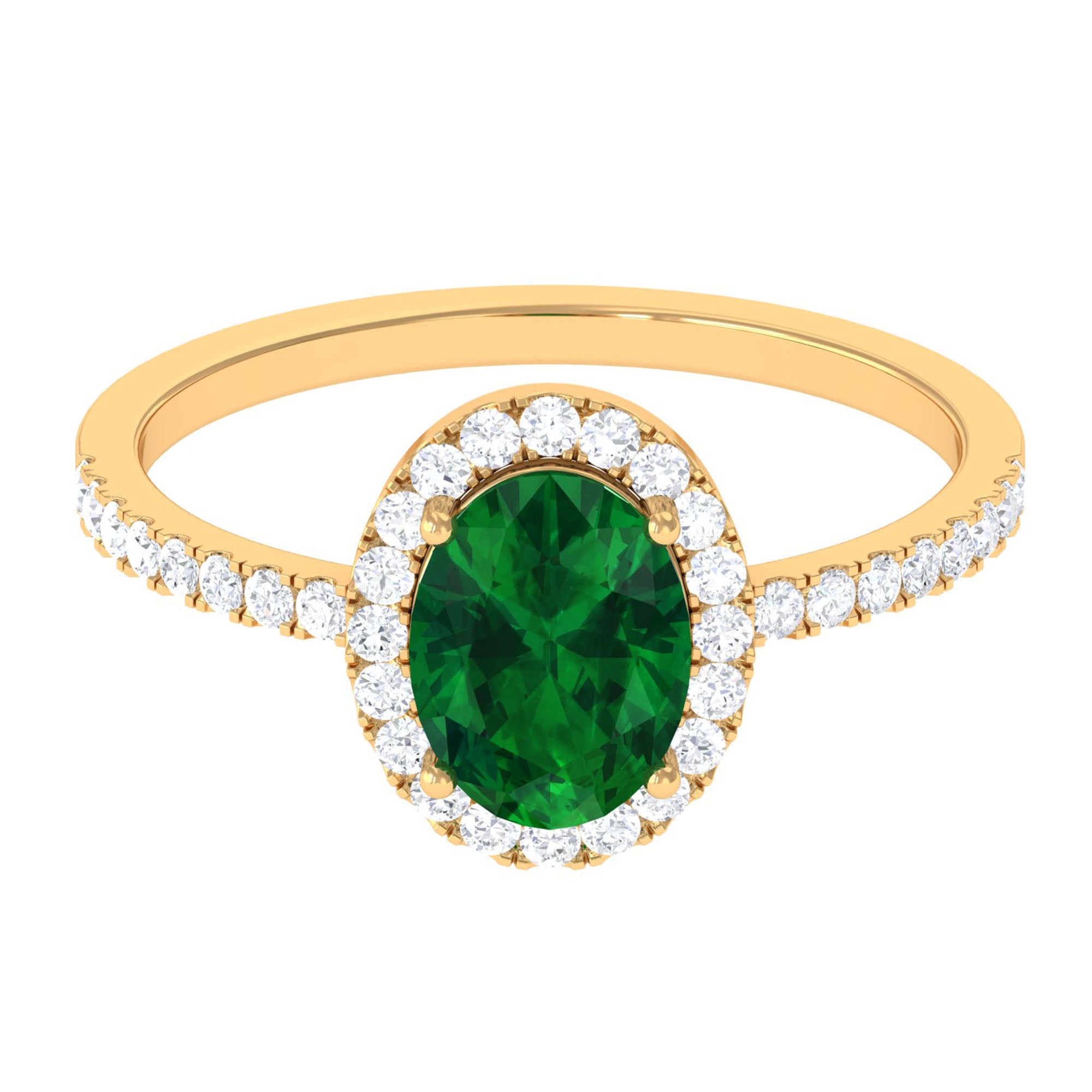 Created Emerald Classic Engagement Ring With Diamond Halo Lab Created Emerald - ( AAAA ) - Quality - Rosec Jewels