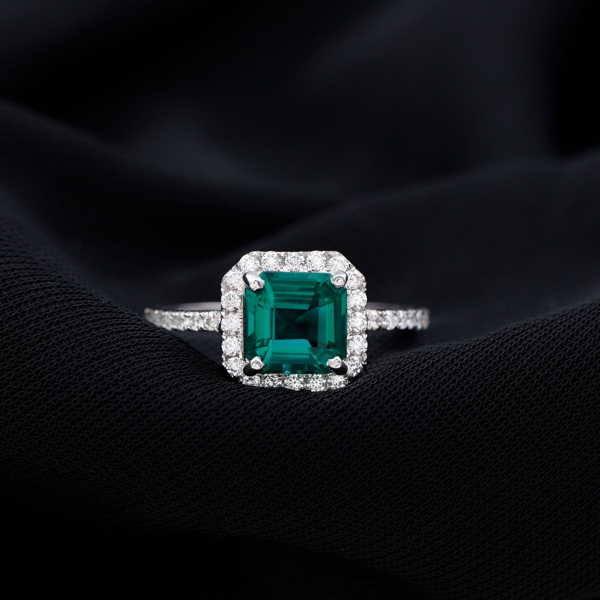 Asscher Cut Created Emerald Halo Engagement Ring with Diamond Lab Created Emerald - ( AAAA ) - Quality - Rosec Jewels