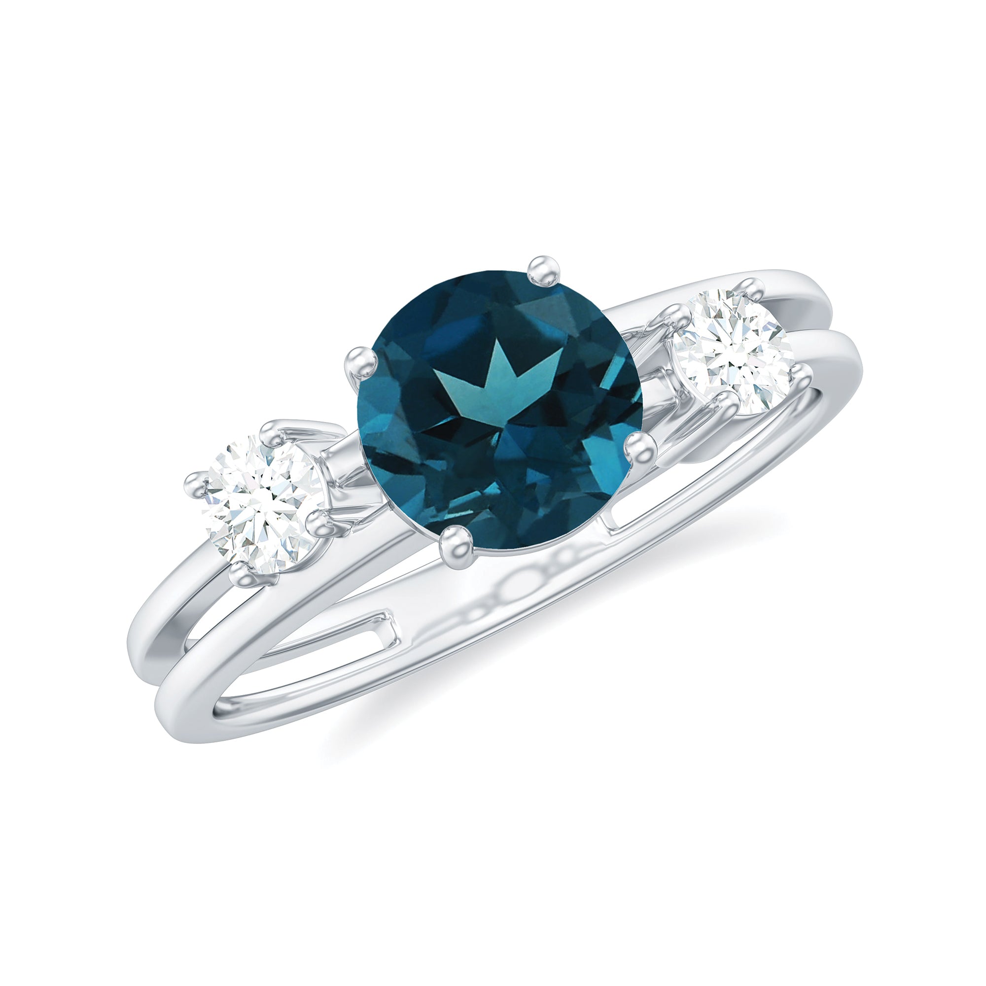 1 CT London Blue Topaz Solitaire Double Band Ring with Diamond London Blue Topaz - ( AAA ) - Quality - Rosec Jewels