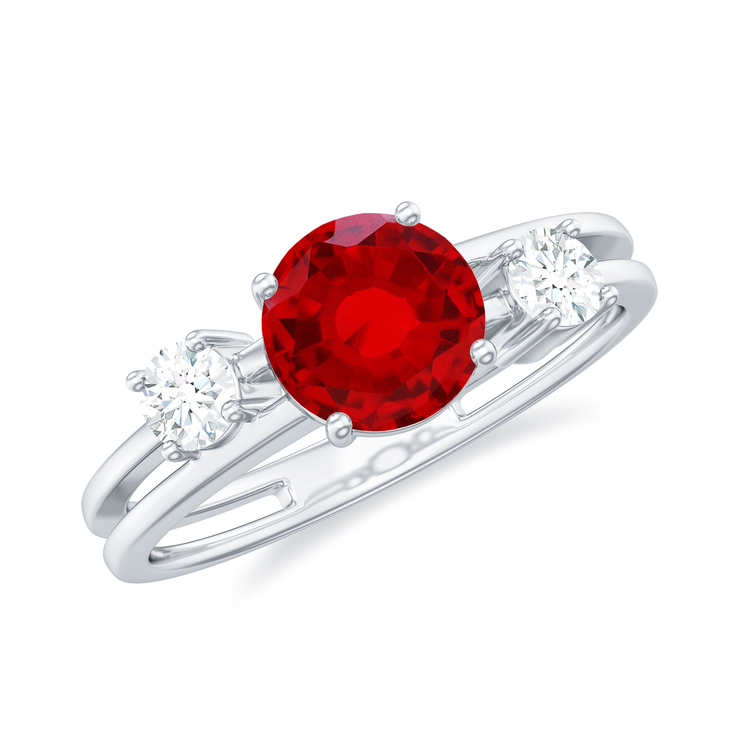 Solitaire Created Ruby Double Band Ring with Diamond Lab Created Ruby - ( AAAA ) - Quality - Rosec Jewels