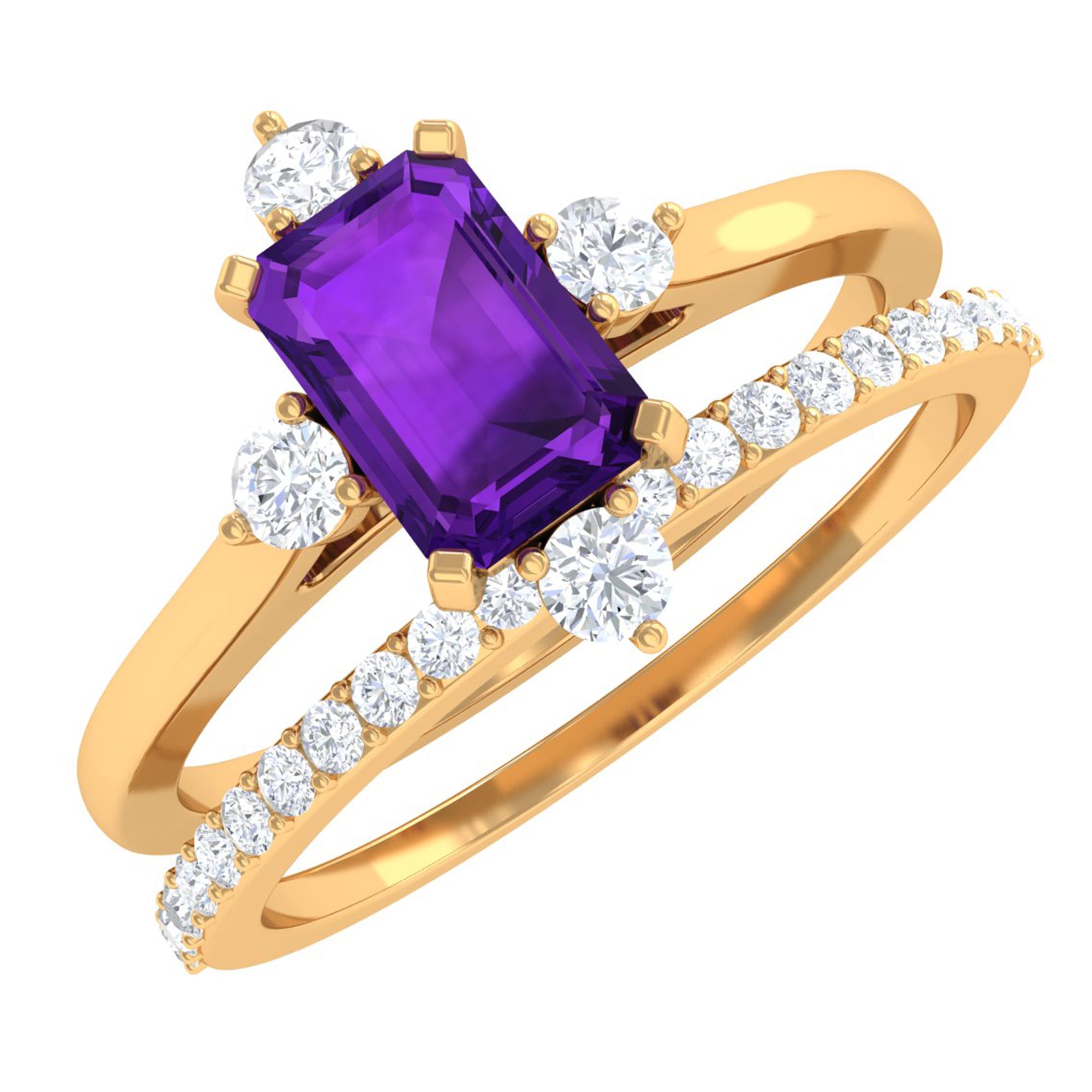 1.25 Ct Octagon Solitaire Amethyst and Diamond Ring Set Amethyst - ( AAA ) - Quality - Rosec Jewels