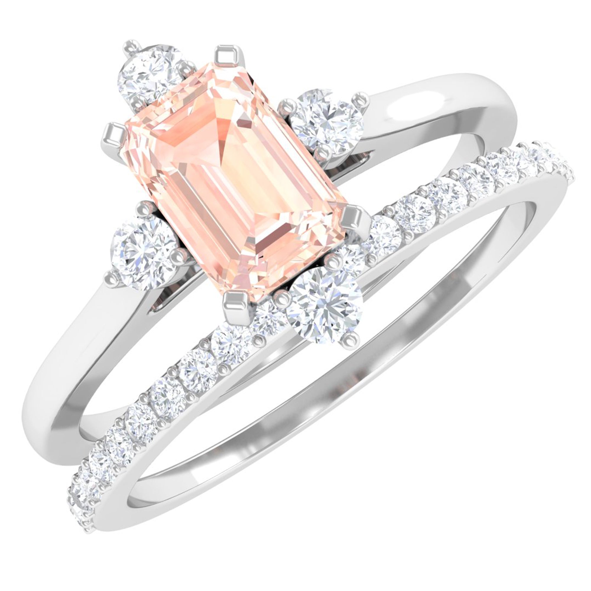 1.25 Carat Emerald Cut Morganite Solitaire Ring Set with Diamond Morganite - ( AAA ) - Quality - Rosec Jewels