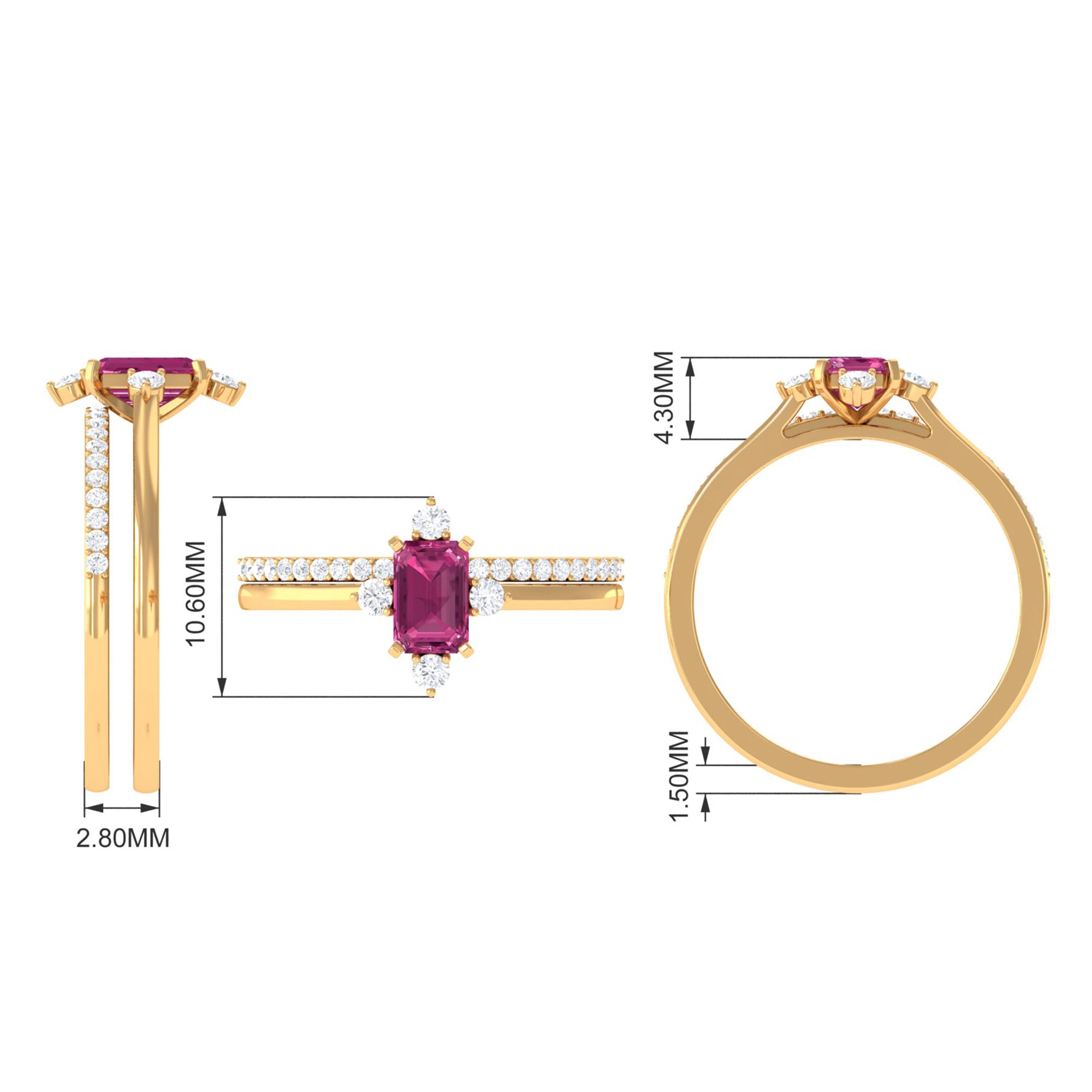 1.25 CT Real Pink Tourmaline Solitaire Ring Set with Diamond Pink Tourmaline - ( AAA ) - Quality - Rosec Jewels