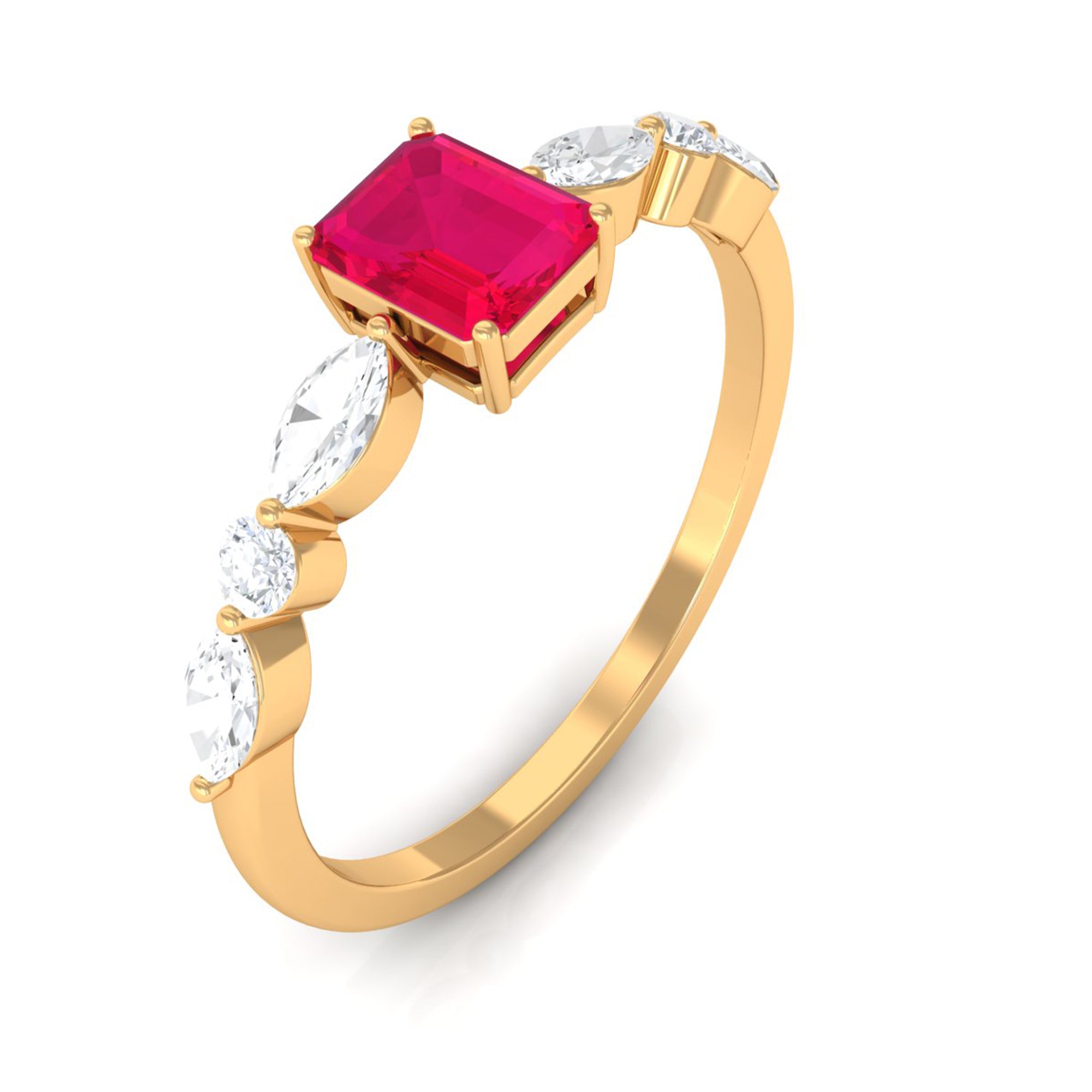 1 CT Octagon Ruby Solitaire Ring with Diamond Side Stones Ruby - ( AAA ) - Quality - Rosec Jewels