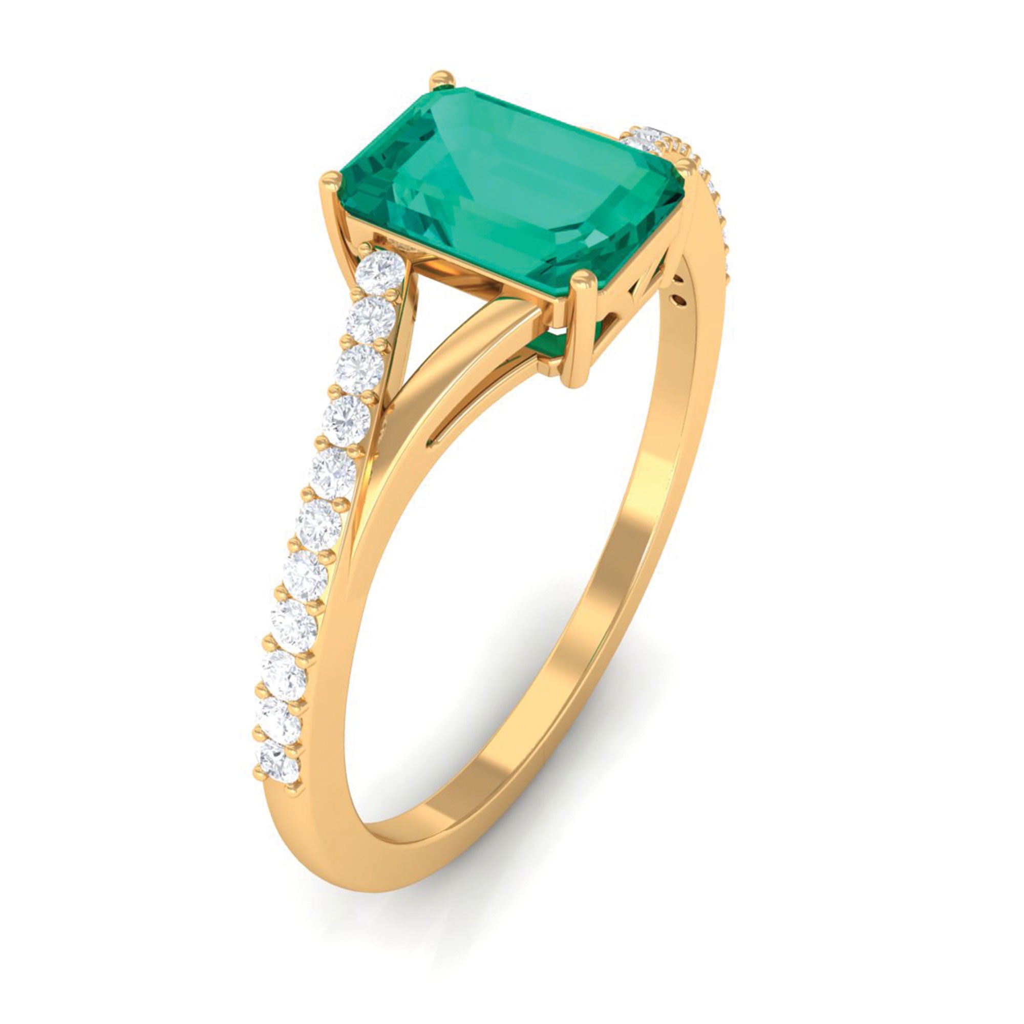 Octagon shape Emerald Solitaire Ring with Diamond Split Shank Emerald - ( AAA ) - Quality - Rosec Jewels