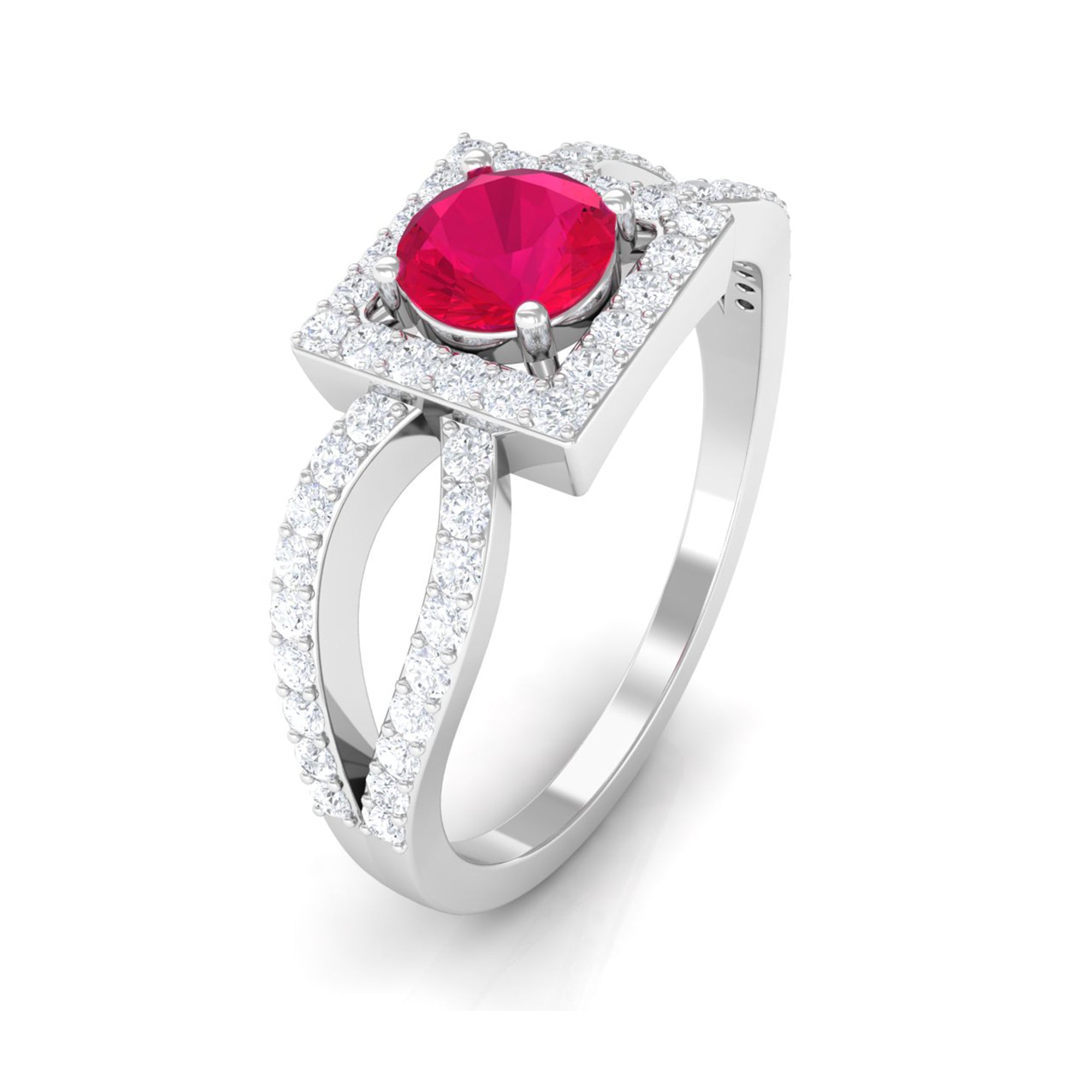 Split Shank Ruby Halo Engagement Ring with Diamond Ruby - ( AAA ) - Quality - Rosec Jewels