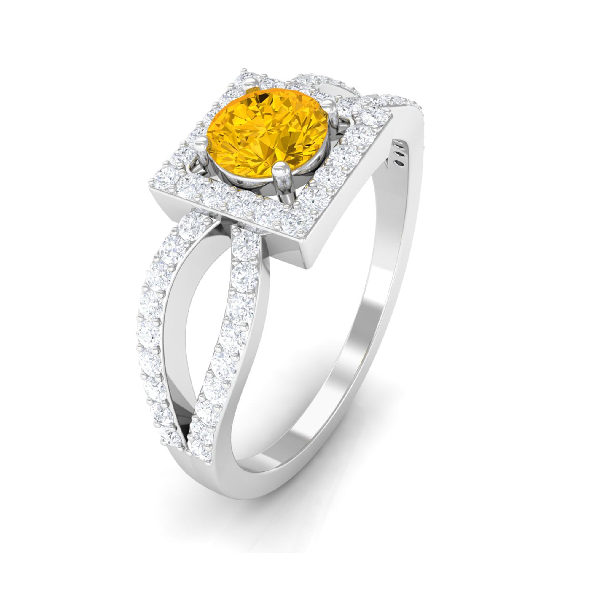 1.5 CT Split Shank Yellow Sapphire Engagement Ring with Diamond Accent Yellow Sapphire - ( AAA ) - Quality - Rosec Jewels