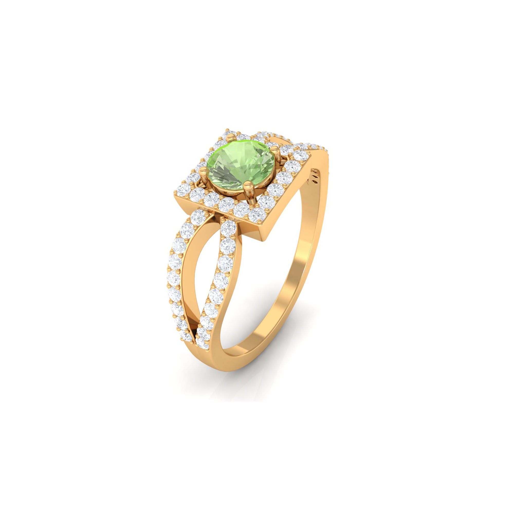 Round Green Sapphire and Diamond Halo Ring in Split Shank Green Sapphire - ( AAA ) - Quality - Rosec Jewels