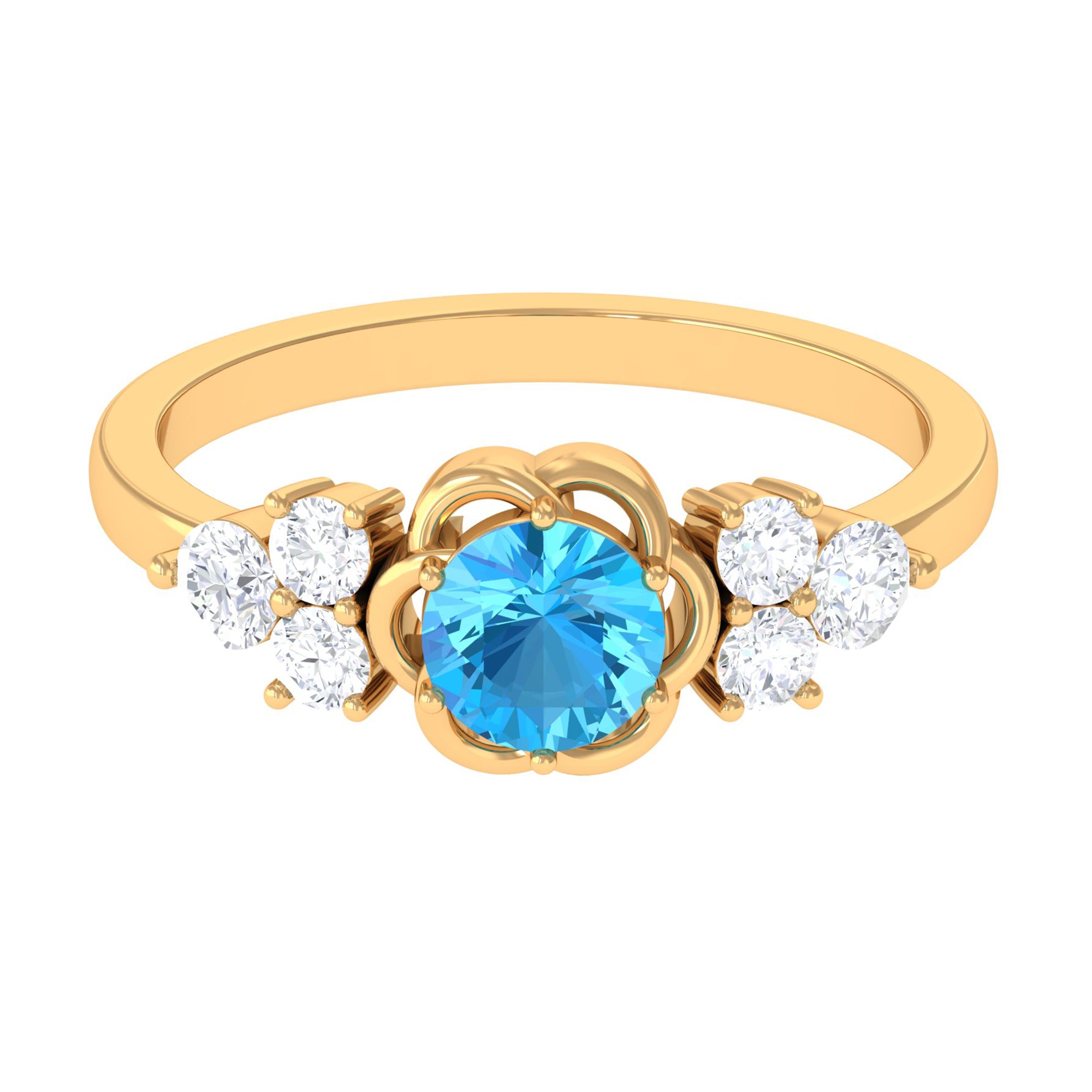 Round Shape Swiss Blue Topaz Floral Engagement Ring with Diamond Trio Swiss Blue Topaz - ( AAA ) - Quality - Rosec Jewels