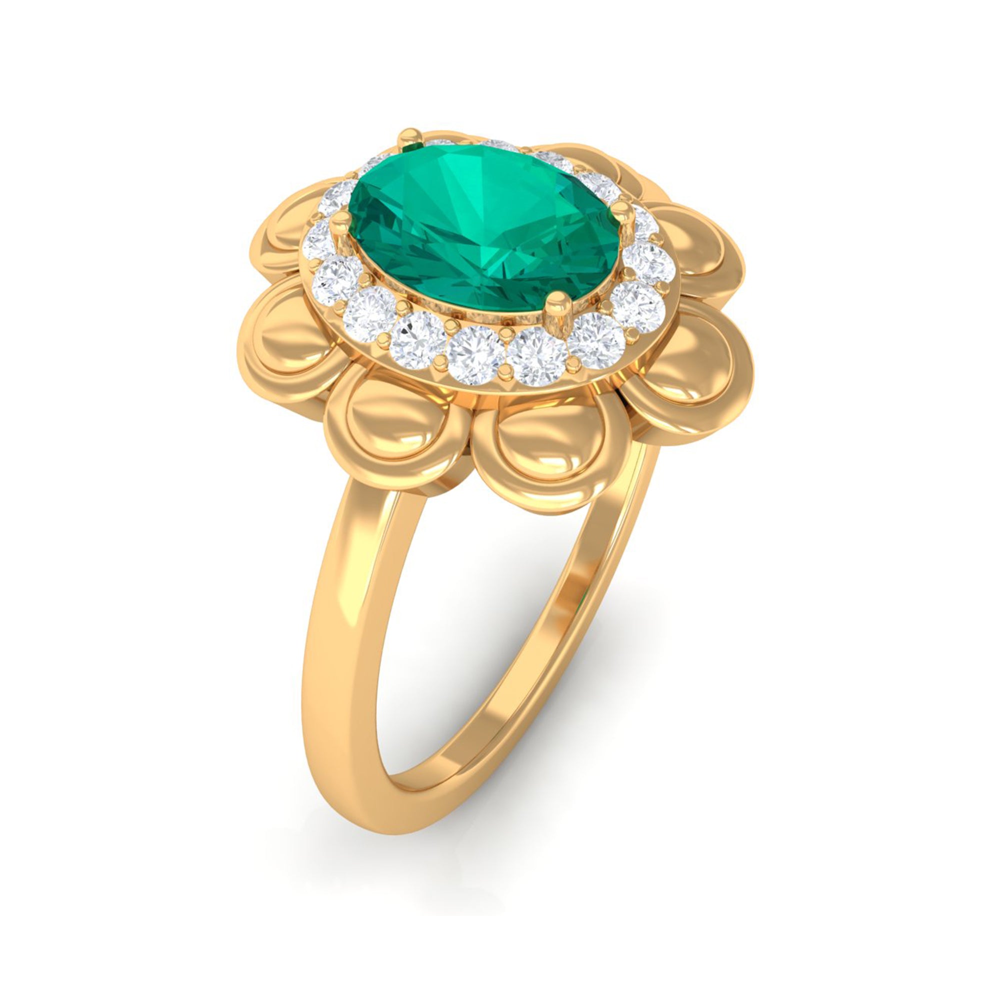 Oval Shape Emerald Flower Engagement Ring with Diamond Halo Emerald - ( AAA ) - Quality - Rosec Jewels