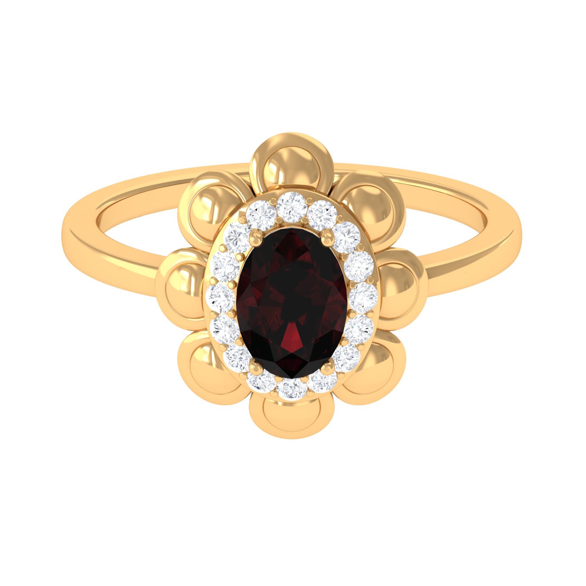 Oval Shape Garnet Flower Engagement Ring with Diamond Halo Garnet - ( AAA ) - Quality - Rosec Jewels