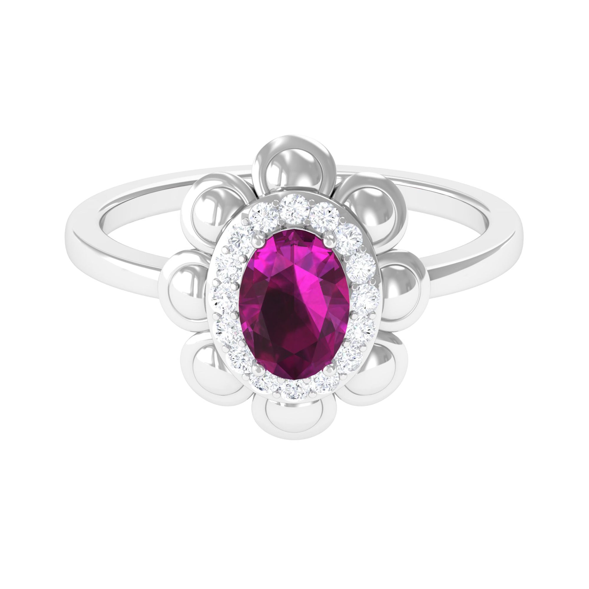 Oval Shape Rhodolite Flower Engagement Ring with Diamond Halo Rhodolite - ( AAA ) - Quality - Rosec Jewels