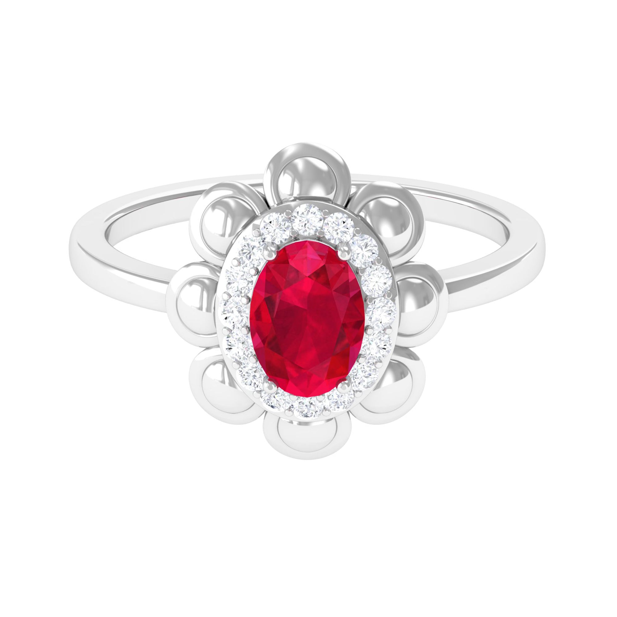 Oval Shape Lab Grown Ruby Floral Ring with Diamond Halo Lab Created Ruby - ( AAAA ) - Quality - Rosec Jewels