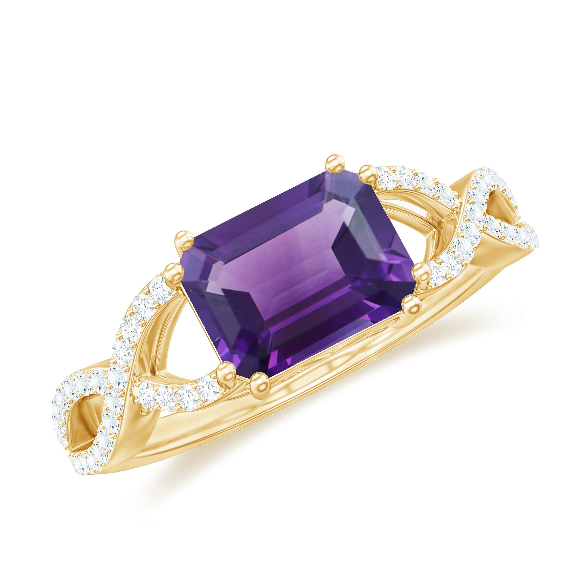 Emerald Cut Amethyst East West Crossover Ring with Diamond Amethyst - ( AAA ) - Quality - Rosec Jewels