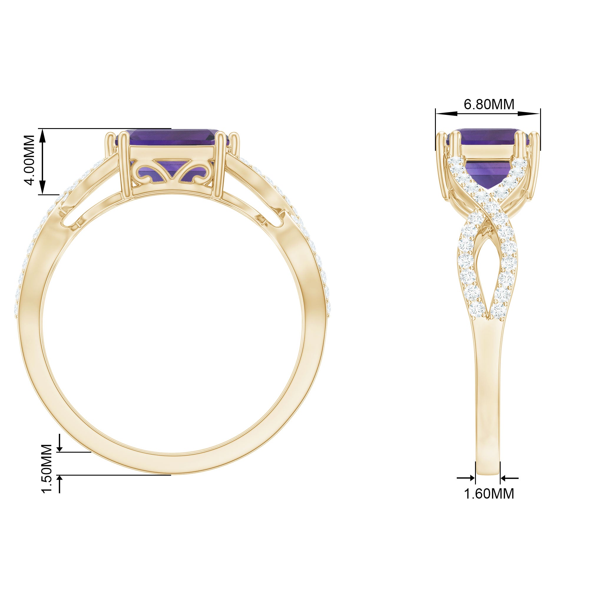 Emerald Cut Amethyst East West Crossover Ring with Diamond Amethyst - ( AAA ) - Quality - Rosec Jewels