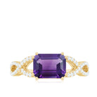 Emerald Cut Amethyst East West Crossover Ring with Diamond Amethyst - ( AAA ) - Quality - Rosec Jewels