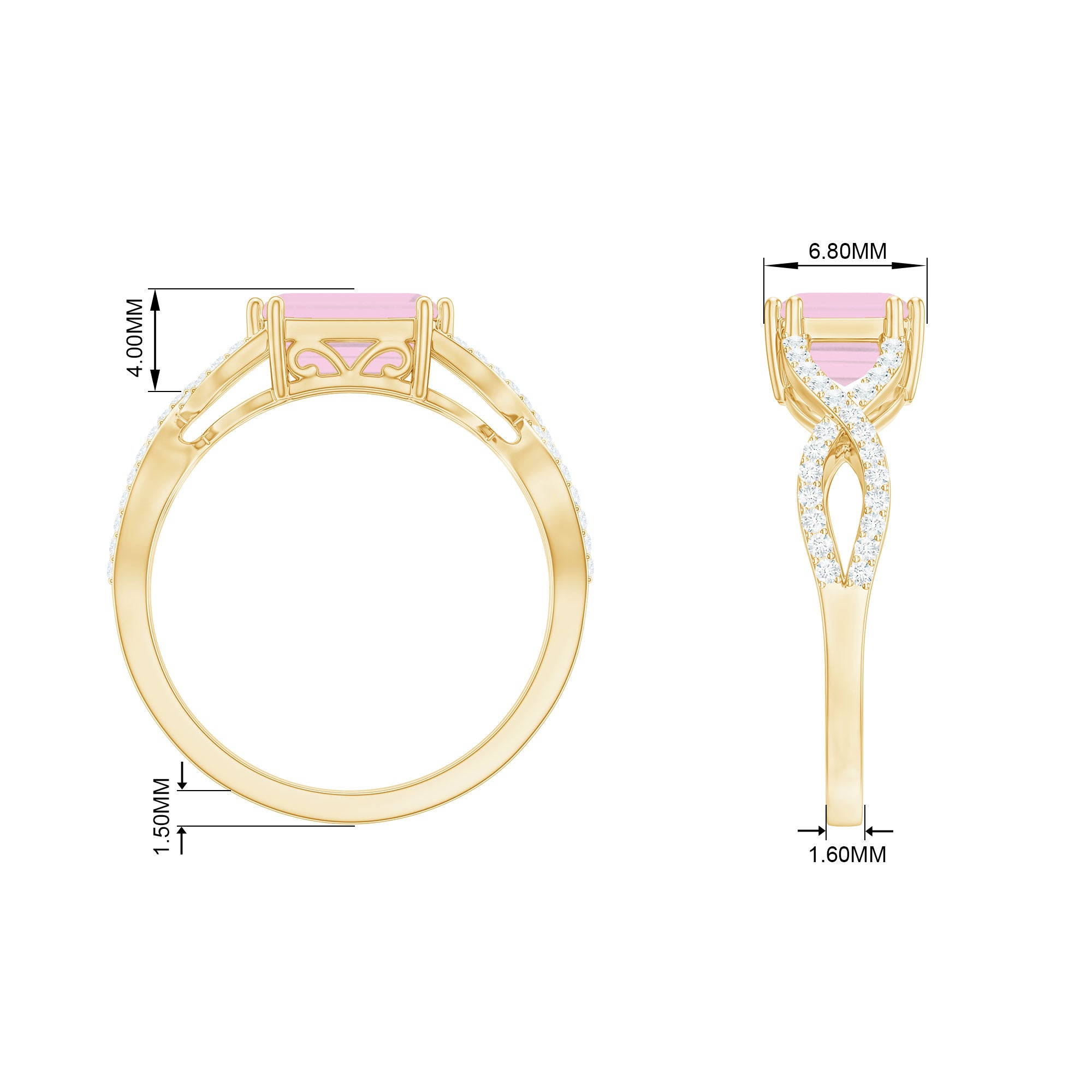 Emerald Cut Rose Quartz East West Crossover Ring with Diamond Rose Quartz - ( AAA ) - Quality - Rosec Jewels