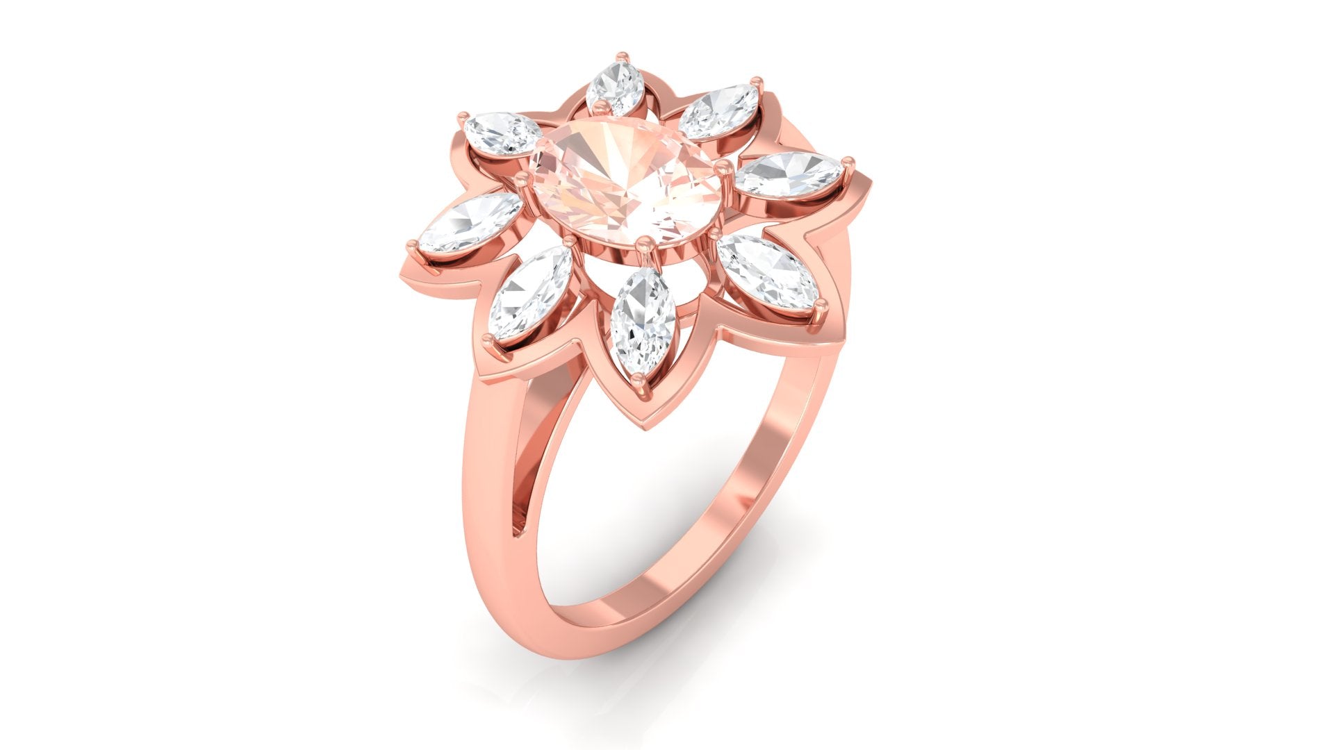 Oval Morganite Flower Cocktail Ring with Moissanite Morganite - ( AAA ) - Quality - Rosec Jewels