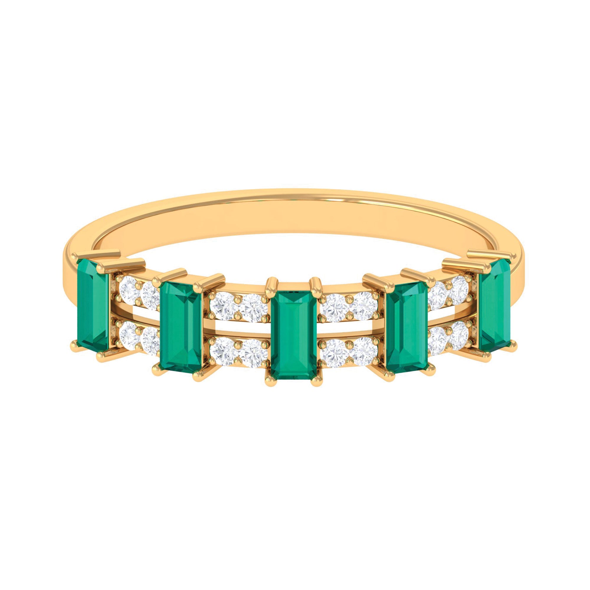 Wide Half Eternity Band Ring with Emerald and Diamond Emerald - ( AAA ) - Quality - Rosec Jewels