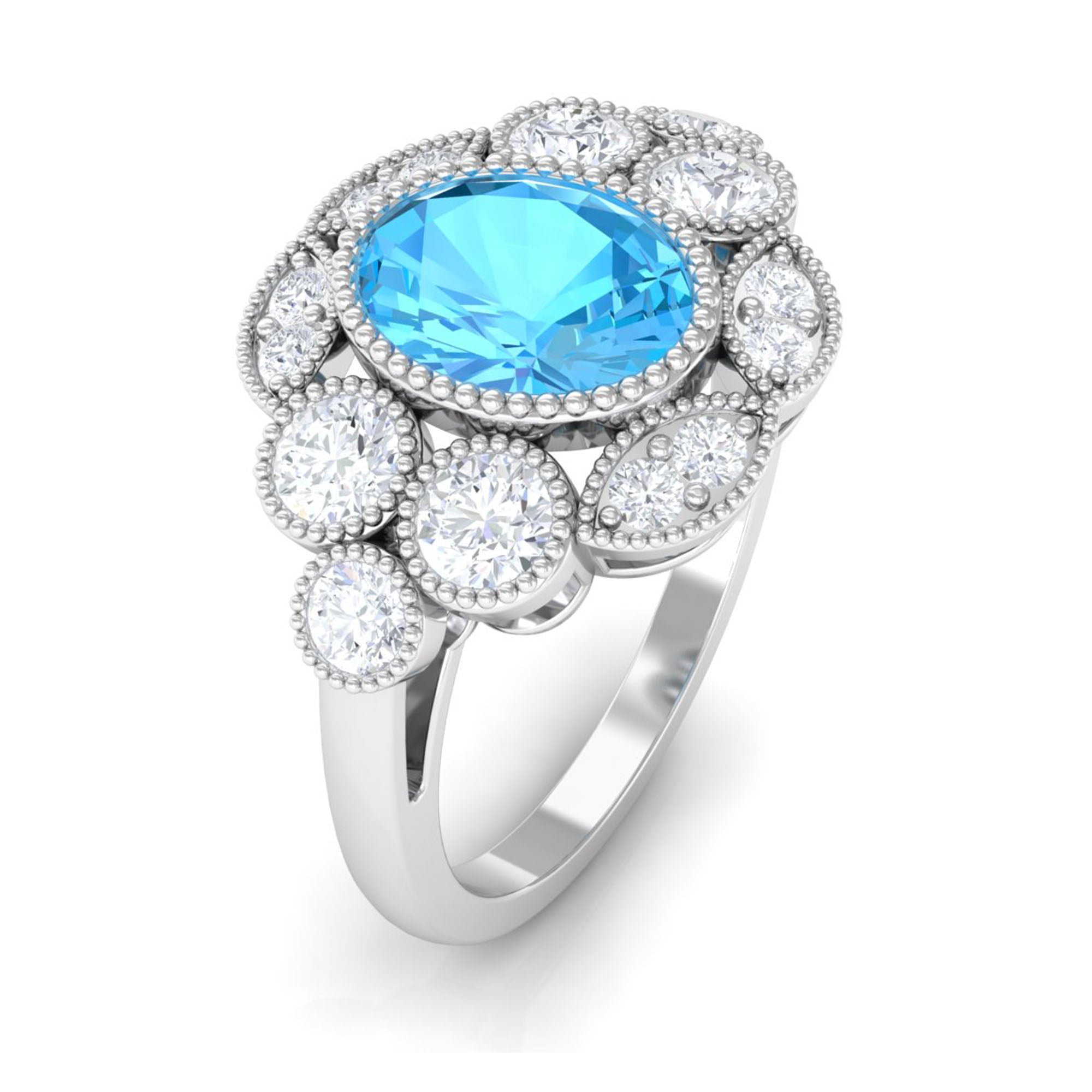 Oval Swiss Blue Topaz Statement Engagement Ring with Moissanite Halo Swiss Blue Topaz - ( AAA ) - Quality - Rosec Jewels