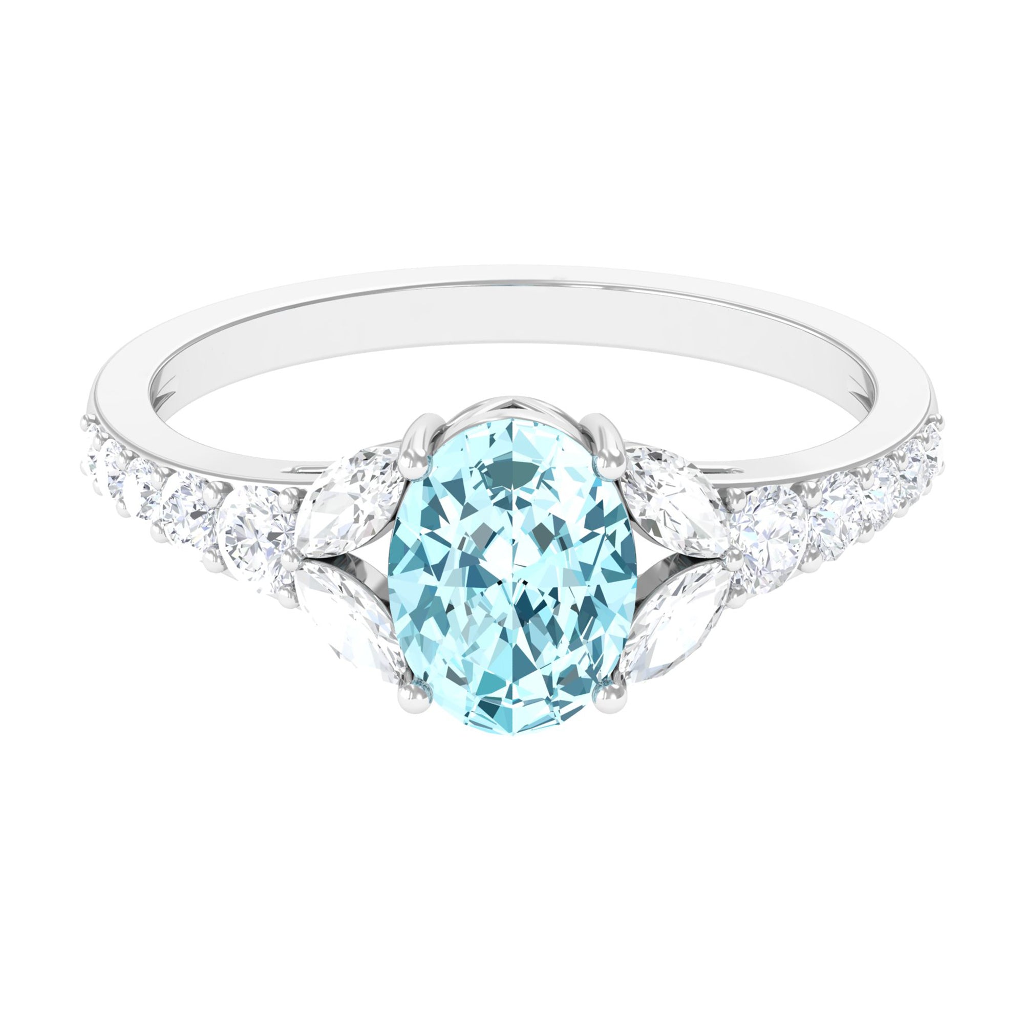 Split Shank Oval Aquamarine Solitaire Ring with Moissanite Aquamarine - ( AAA ) - Quality - Rosec Jewels