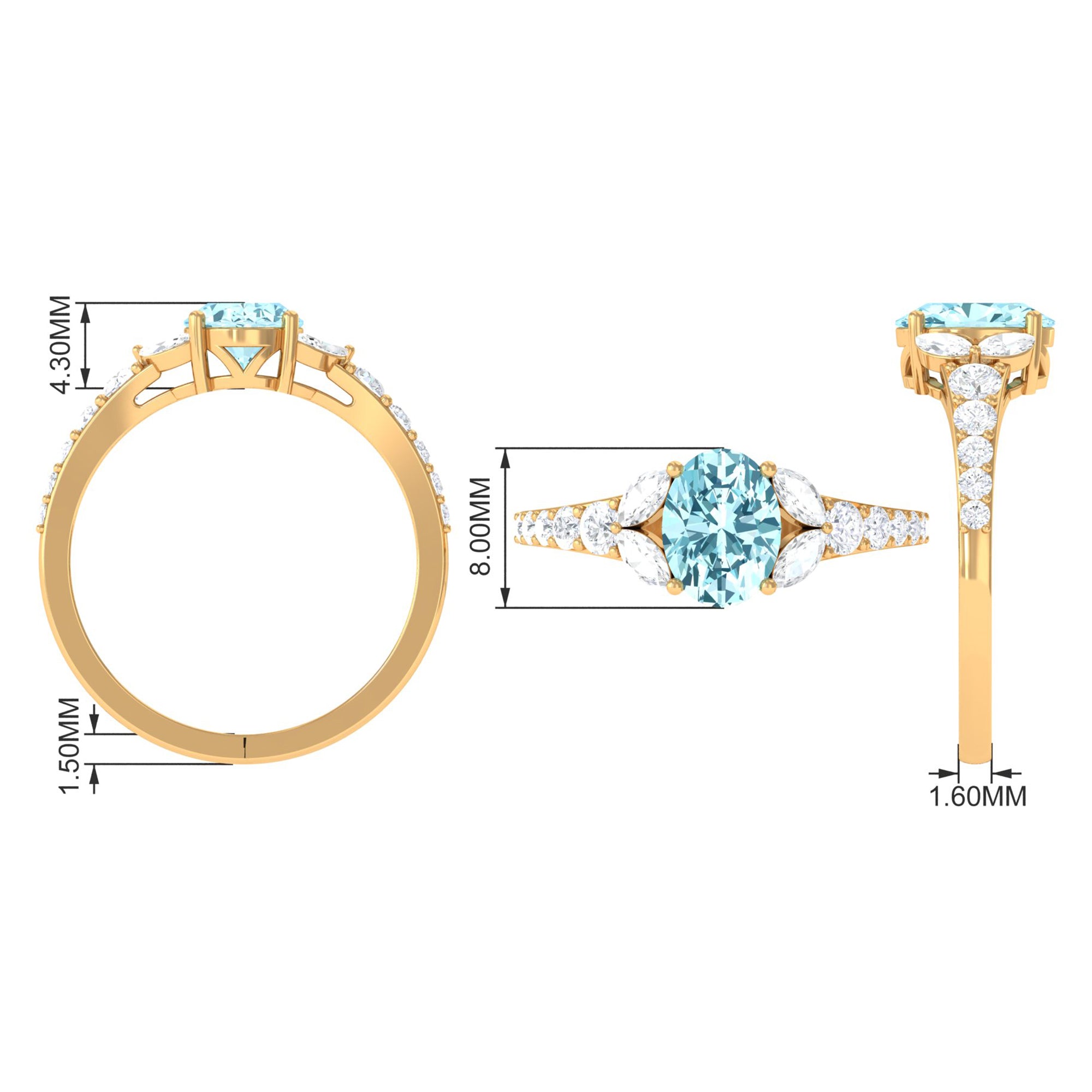 Split Shank Oval Aquamarine Solitaire Ring with Moissanite Aquamarine - ( AAA ) - Quality - Rosec Jewels