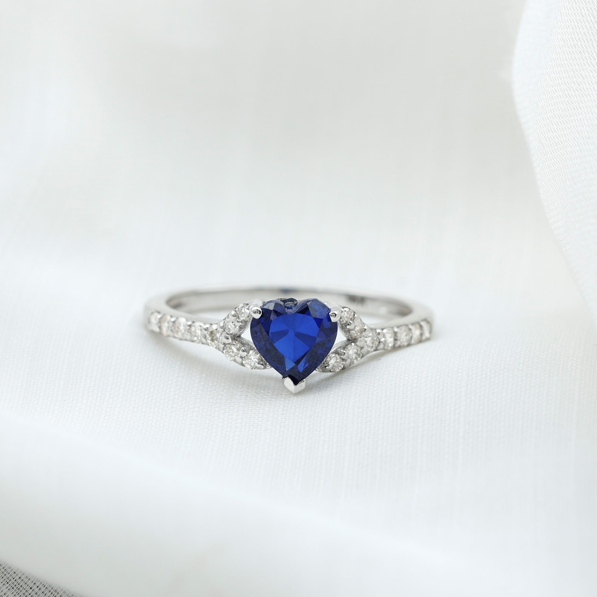 Created Blue Sapphire Heart Engagement Ring With Diamond Accent Lab Created Blue Sapphire - ( AAAA ) - Quality - Rosec Jewels